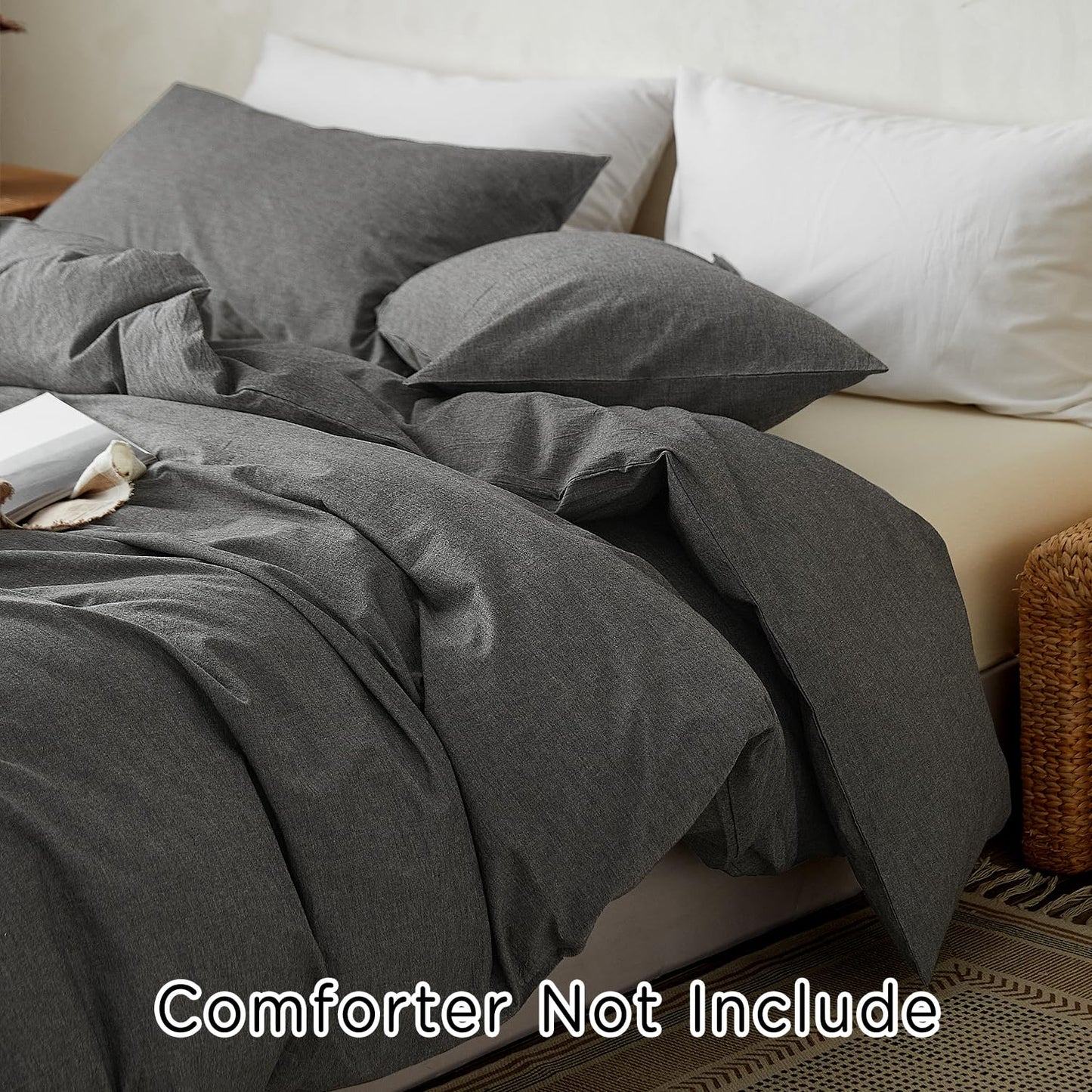 TOCOMOA Duvet Cover Set 100% Washed Cotton Linen Feel Soft Comfy Breathable 3 Piece Comforter Covers Bedding Set (King, Heathered Dark Grey)