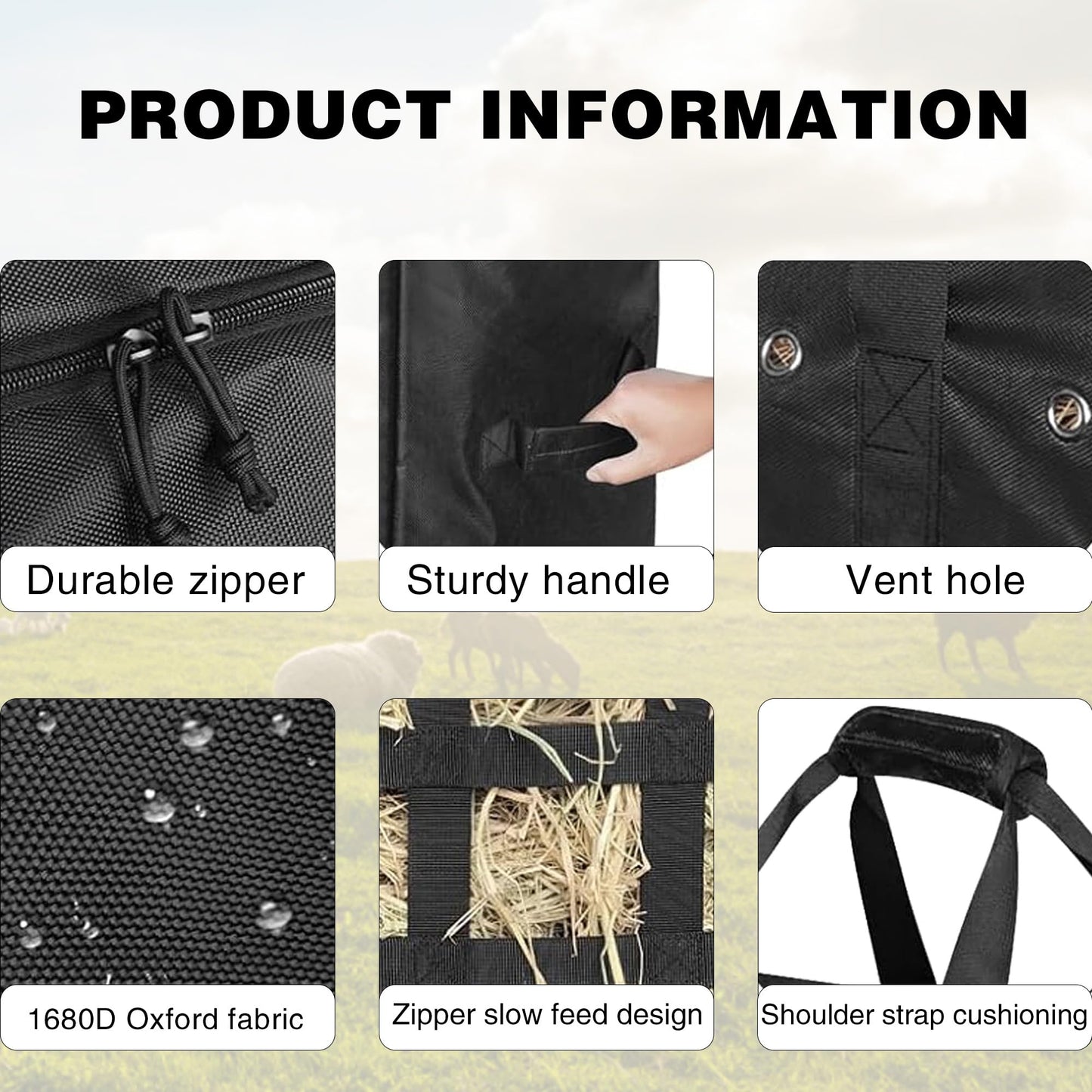 YUNPHDA Hay Bale Bag, 44x18x22inch Extra Large Hay Bag with Top Slow Feed Design for Horses Goats Sheep Donkey,Premium Oxford Heavy Duty Hay Bale Storage Bag for Barn Stable (Black)