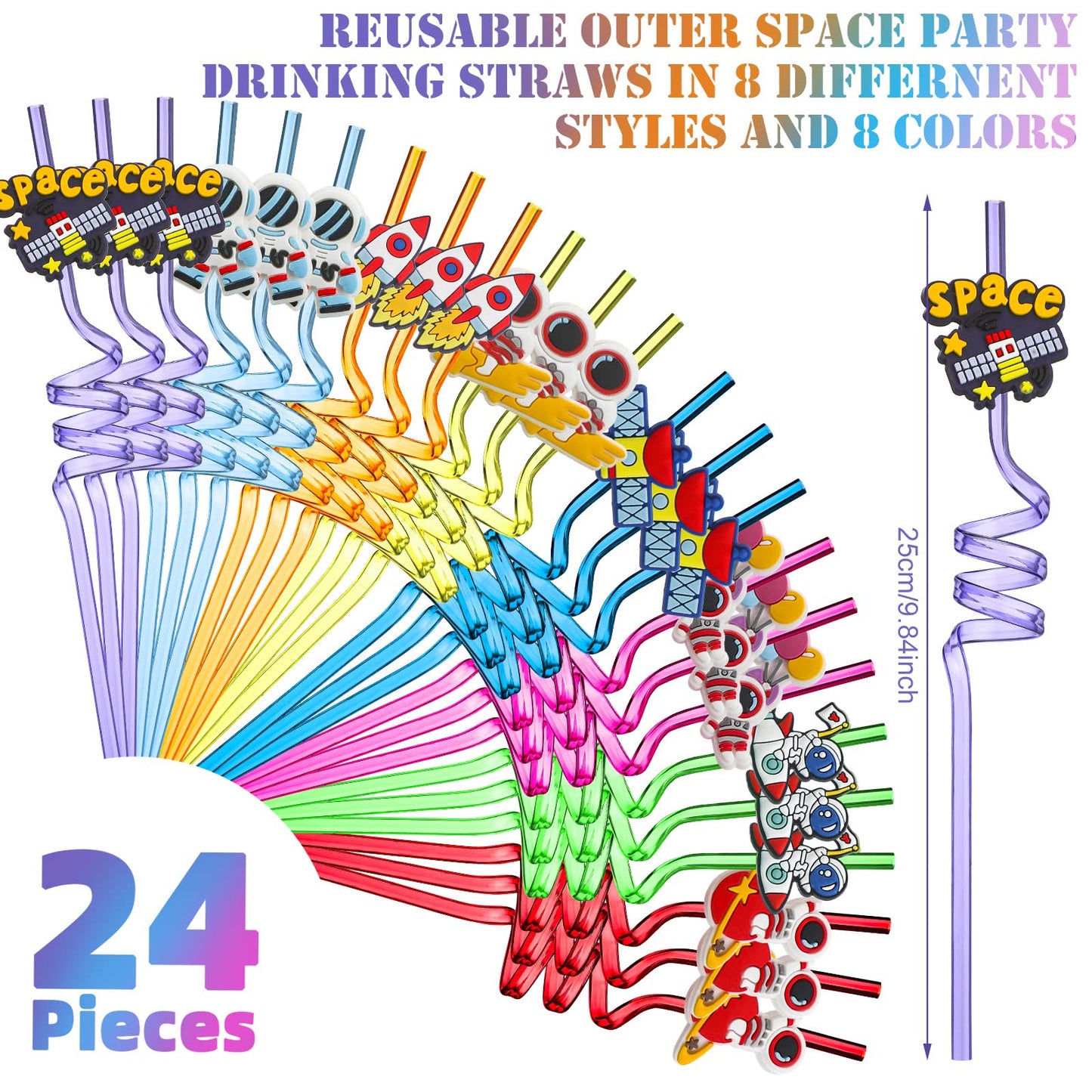 24 Pcs Outer Space Straws Party Favors Reusable Plastic Solar System Rocket Spaceship Astronaut Satellite Planet Straws for Space Theme Birthday Party Supplies Decorations