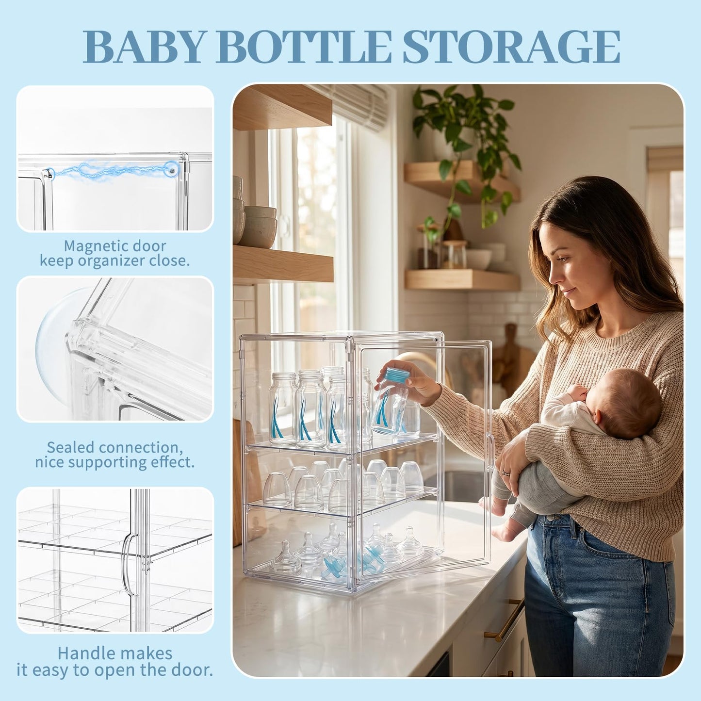 Zebrater Baby Bottle Organizer, 3 Tier Bottle Storage Organizer Baby, Adjustable Clear Acrylic Bottles Storage Station with Magnetic Door and Hook for Pacifiers Pump Parts, Makeup & Bathroom Organizer