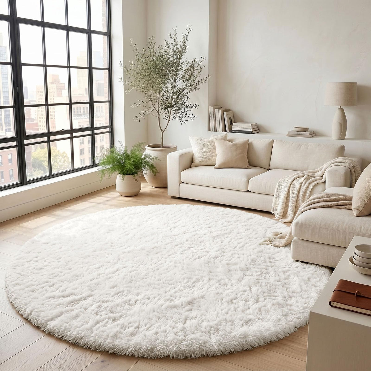 OLANLY Cream White Round Rugs for Bedroom, 7 Ft Machine Washable Circle Area Rugs for Living Room, Non-Slip Fluffy Carpet for Teen Girls and Boys, Dorms, Nursery Rooms, Home Decor Aesthetic
