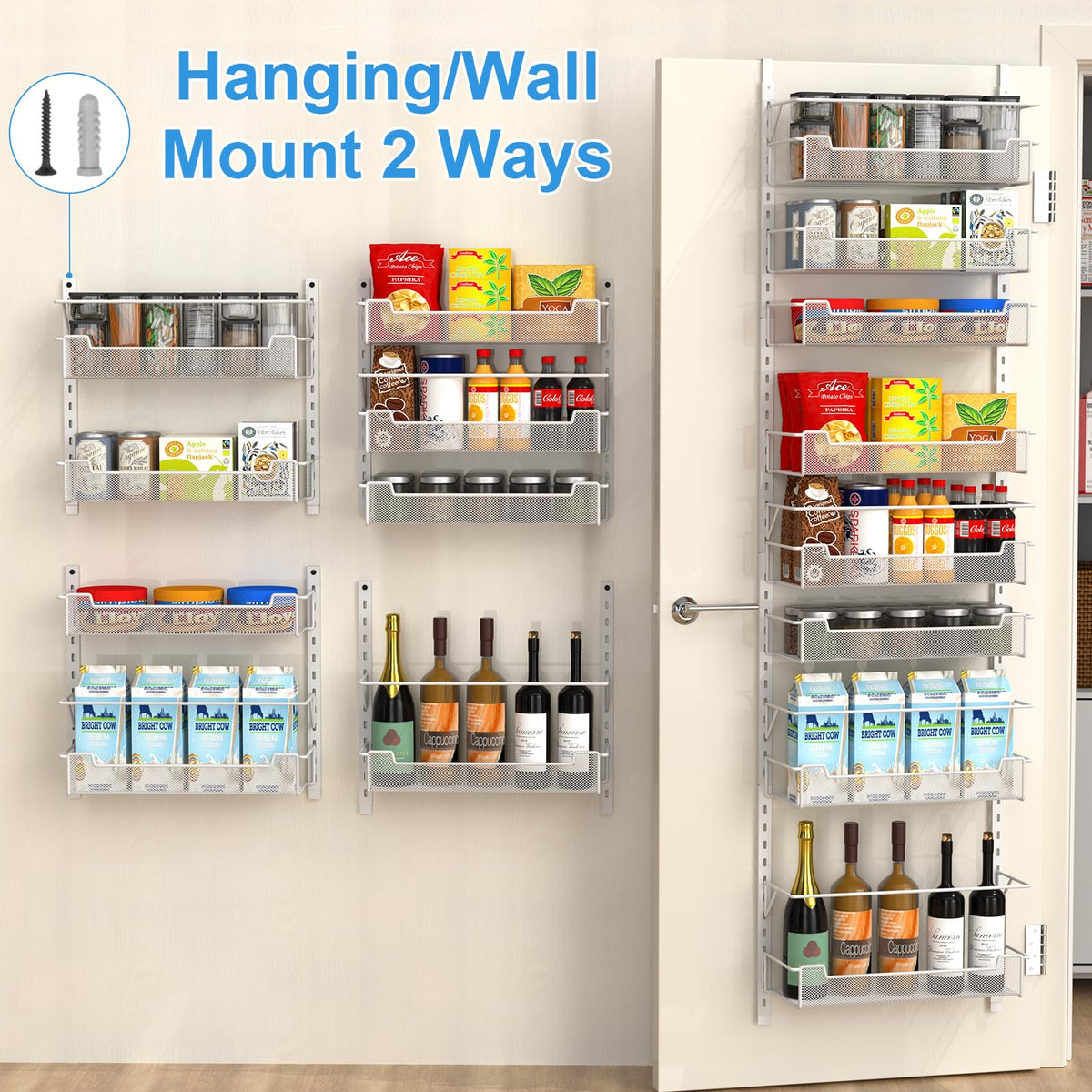 VyGrow 8-Tier Over the Door Pantry Organizer with Adjustable Basket, Pantry Door Organization for Pantry Kitchen Storage Room Spice Rack, White