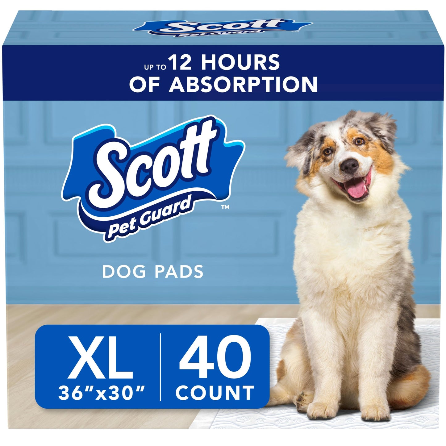 Scott Pet Guard Dog Pads - Dog Training Pee Pads for Puppies, Medium & Large Dogs - Up to 12 Hour Absorbent Odor Control - Easily Disposable Dog Pee Pads - Size XL - 30" x 36" - 40 Pack