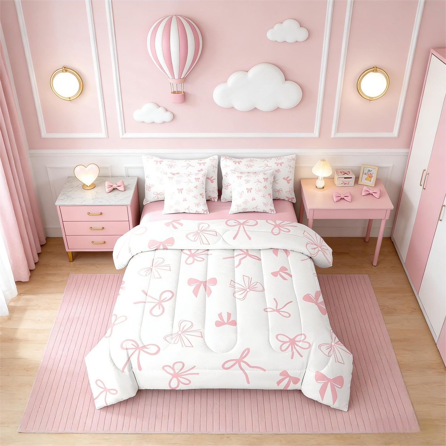 Erosebridal Bow 7 Piece Bedding Set Full Cute Bowknot Comforter Set with Sheets Princess Bow Tie Bed in a Bag White Pink Simple for Kids Girls Women