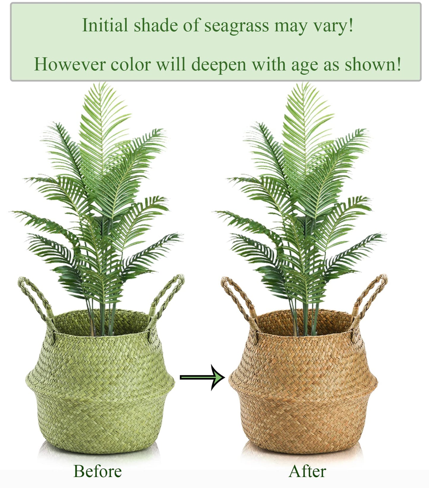 Yesland 2 Pack Woven Seagrass Plant Basket with Handles, Ideal Storage Plant Pot Cover for Laundry, Picnic, Beach Bag and Grocery Basket (L)