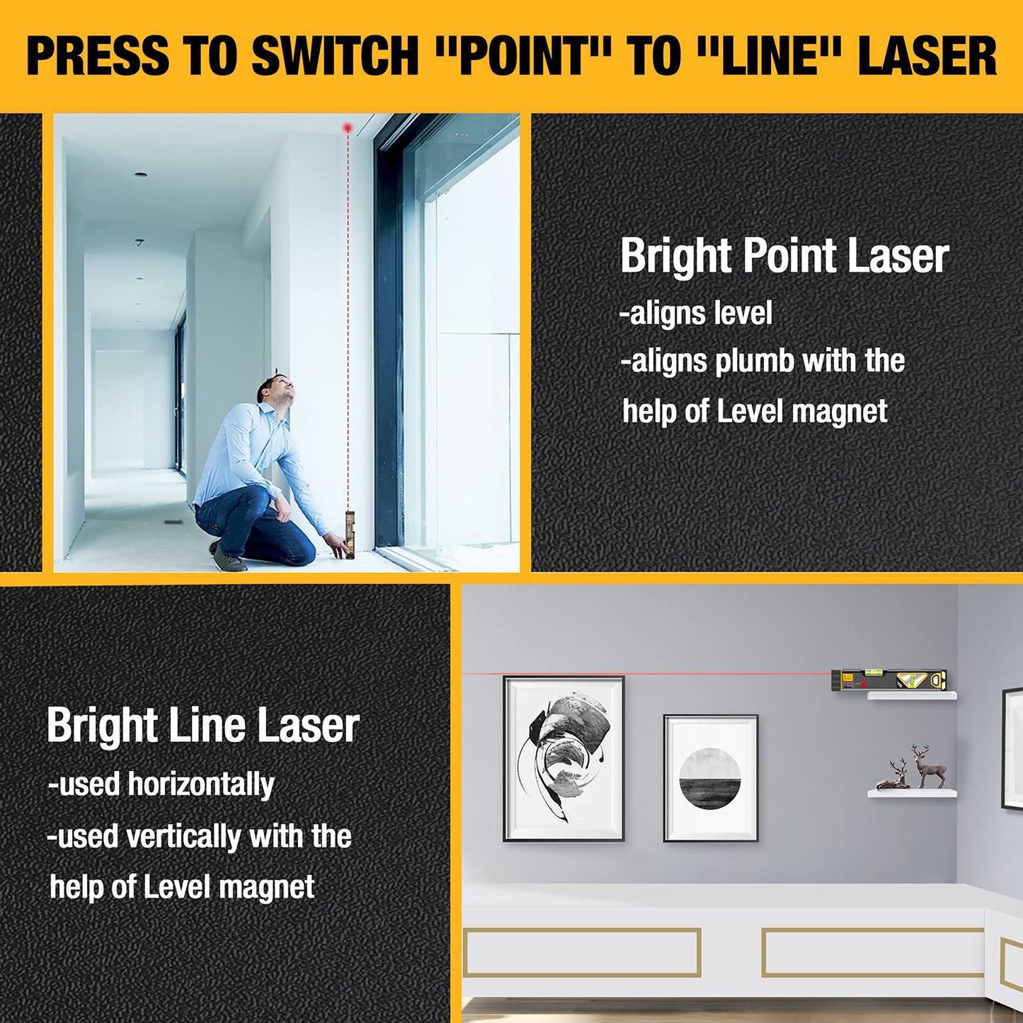 PREXISO 2-in-1 Laser Level Tool with Light, 100 Ft Alignment Point & 30 Ft Leveling Line, Magnetic Laser Spirit Level for Construction Picture Hanging Wall Writing Painting Home Renovation