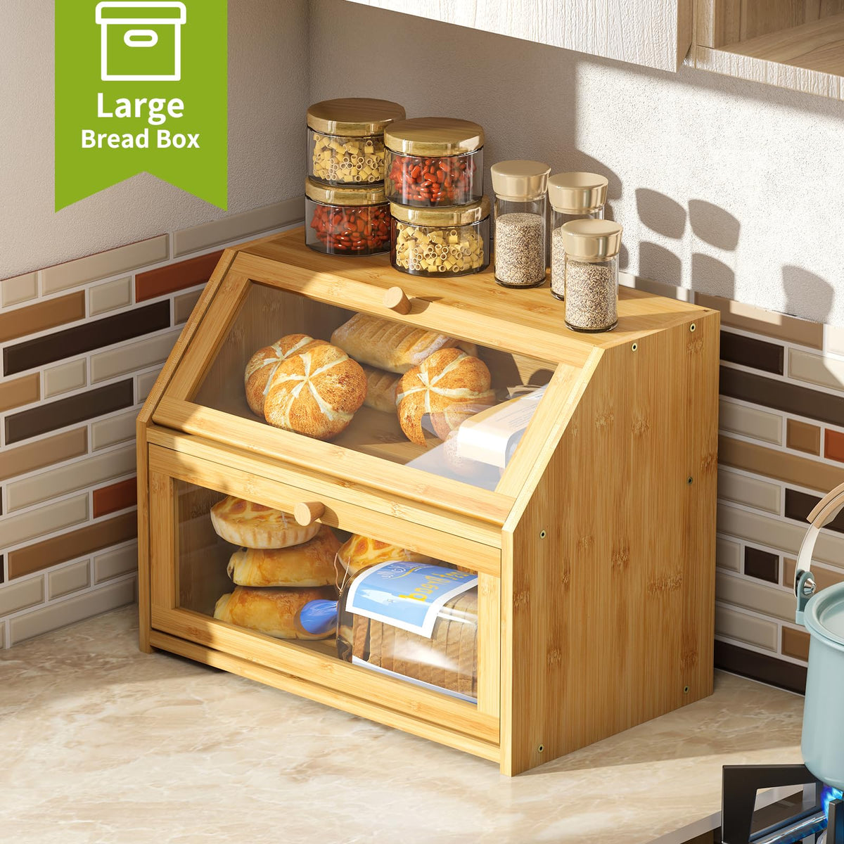 Bread Storage Farmhouse Bread Box For Kitchen Countertop Bread Container With Clear Window Breadbox Double Layer Bamboo Wooden Extra Large Capacity Bin Kitchen Food Storage Container (Trapezoid Bread Box)