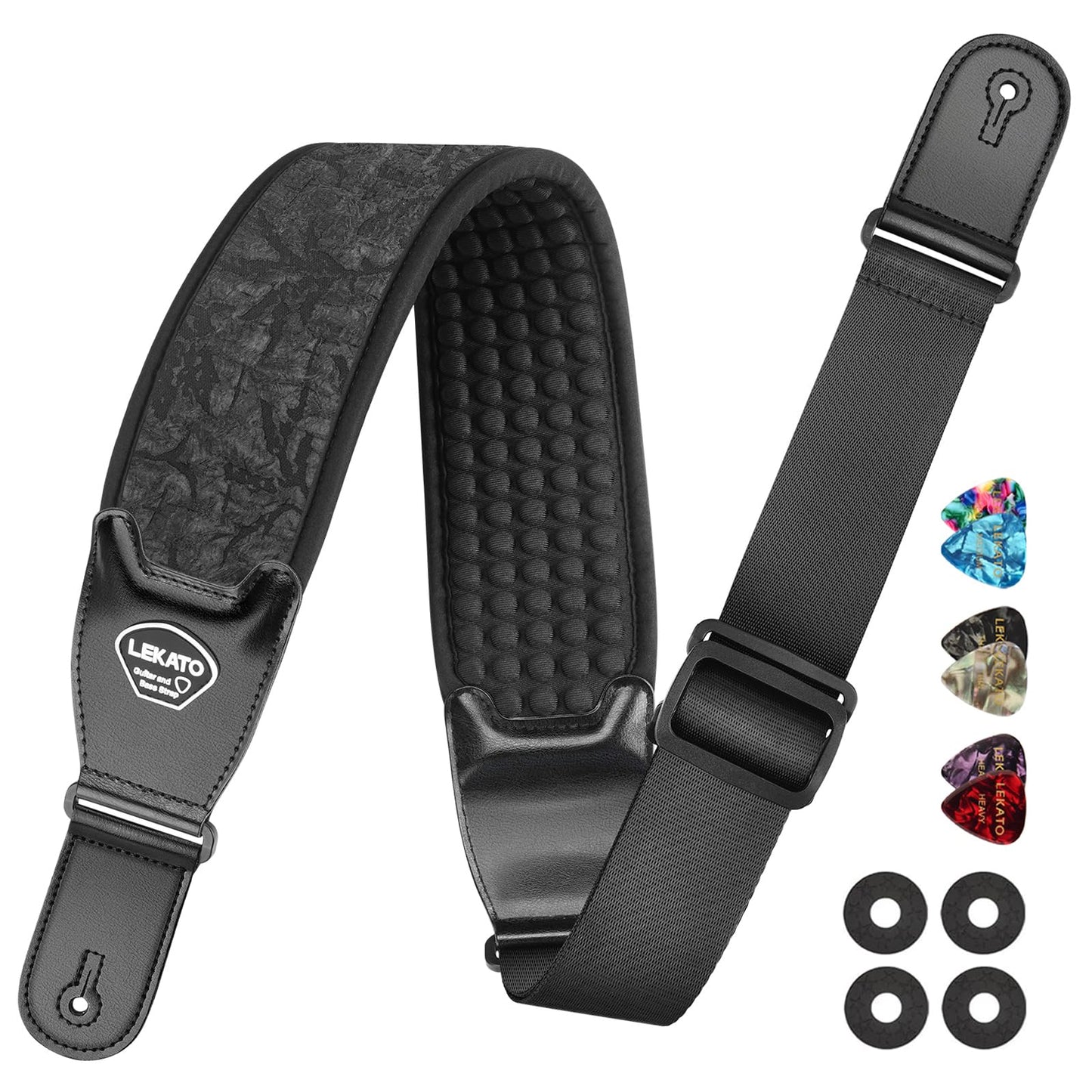 LEKATO Guitar Strap for Electric Guitar Bass, 3.5" Wide Anaglyph Embossed Retro Neoprene Padded Straps with 3D Sponge Filling Adjustable Length from 45" to 55" with Strap Locks and Picks, Black