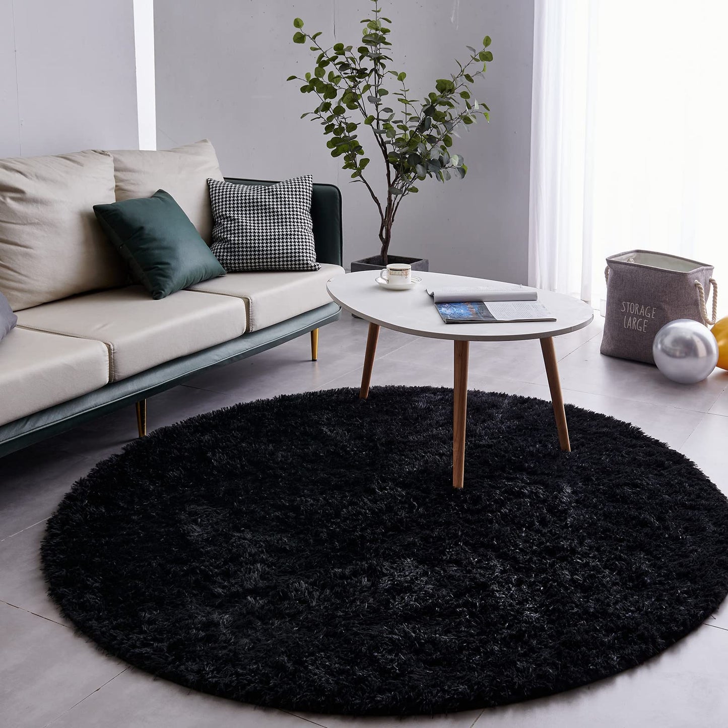 BRICHOEE Black Round Rug 6 Feet Super Soft Fluffy Shag Circle Area Rugs for Kid's Bedroom, Fuzzy Plush Shaggy Circular Rug for Teen's Room, Cute Non-Slip Home Decor Black Carpet for Nursery Room