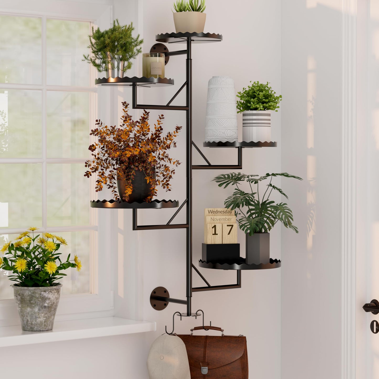 GcdPai Rotating Window Plant Shelves indoor 5-tier Metal Plant Stand, Wall Plant holder for Multiple Plants indoors, Window Sill Gifts for Small Spaces, Stylish and Functional Indoor Plant Stand Black