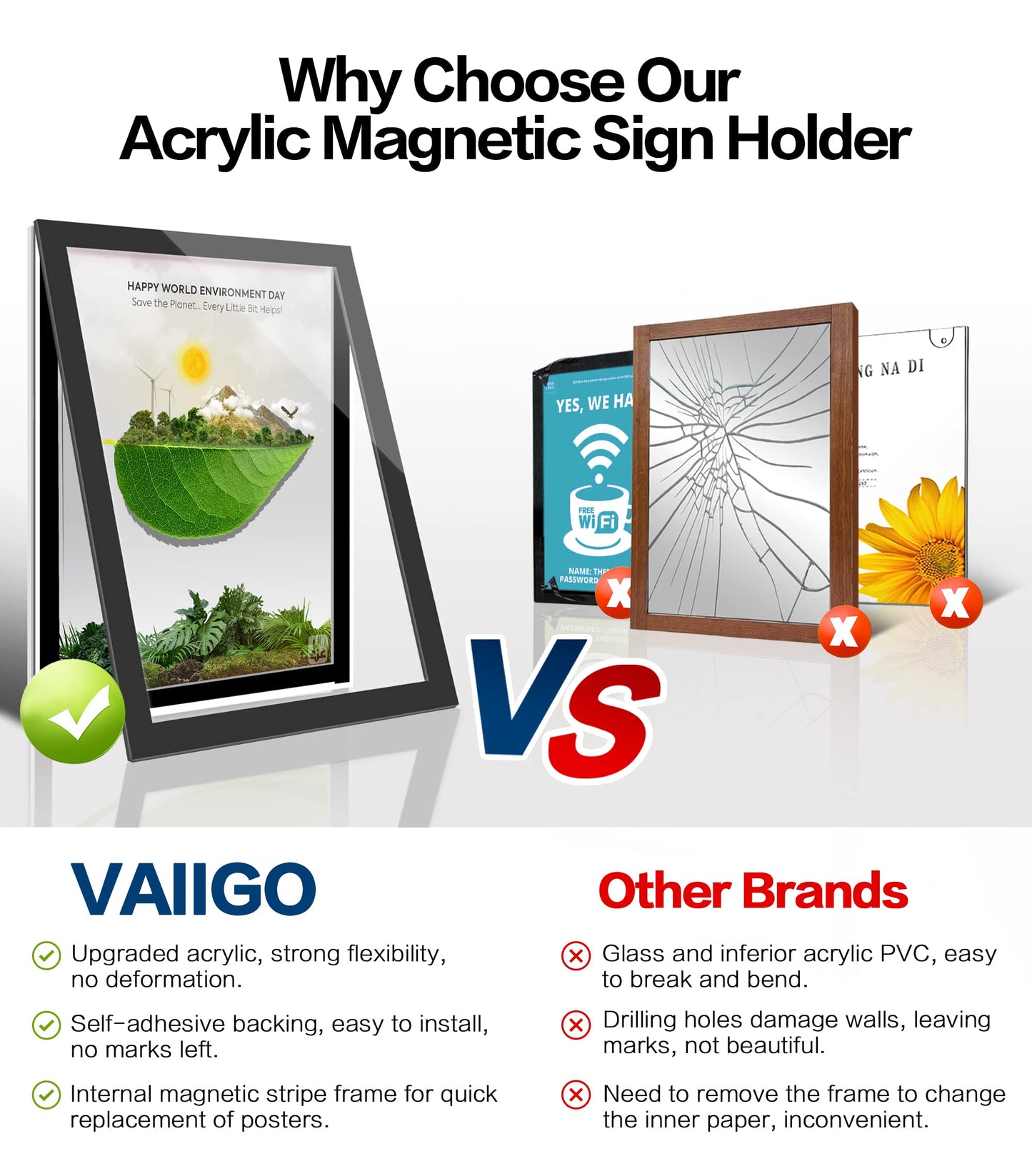 VAIIGO Acrylic Sign Holder 8.5" x 11", 10 Pack Magnetic Wall Mount Sign Holder with Tape Adhesive and Strong Magnetic Border, Acrylic Picture Display Frames for Wall, Door, Glass, Home, Store, Office