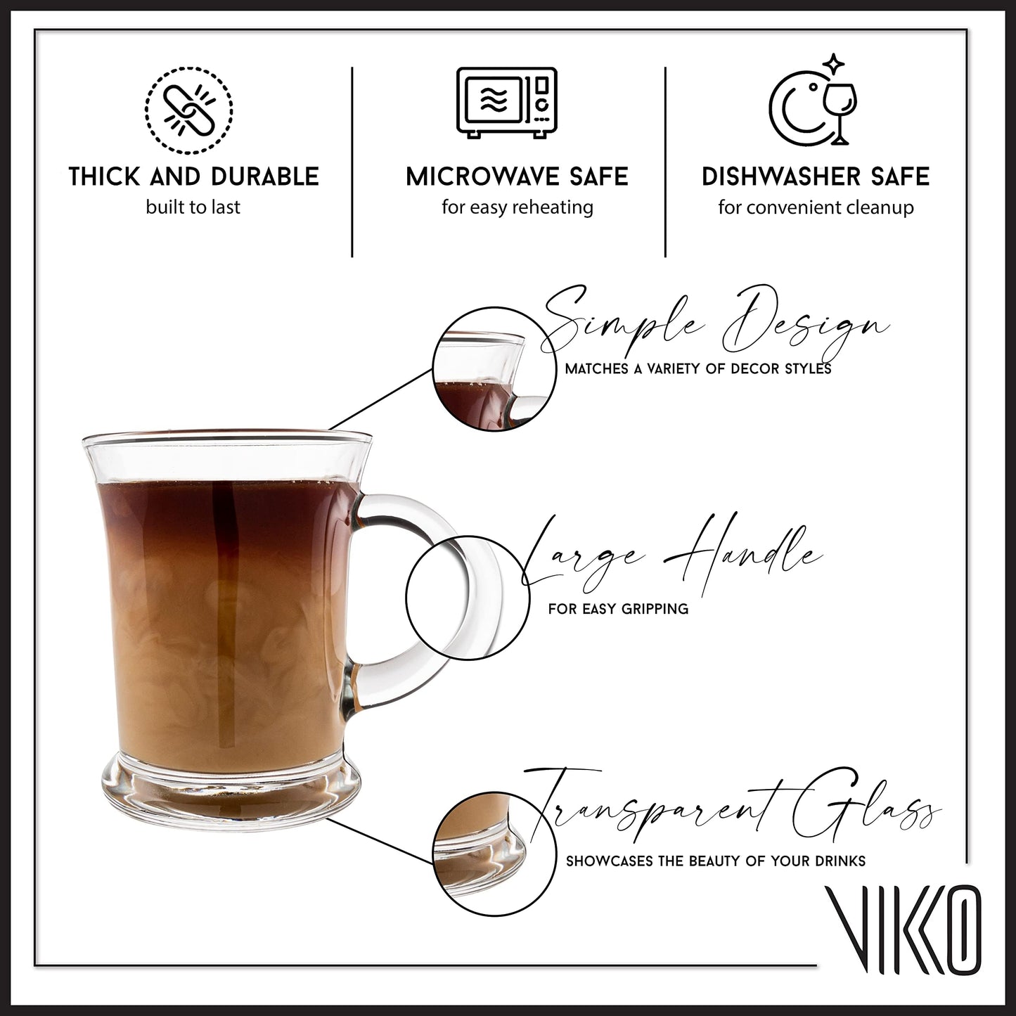 Vikko Glass Coffee Mugs Aroma Collection 13 Ounce Thick and Durable Wide, Set of 6 Heavy Base Dishwasher Safe Large Glass Coffee Cups