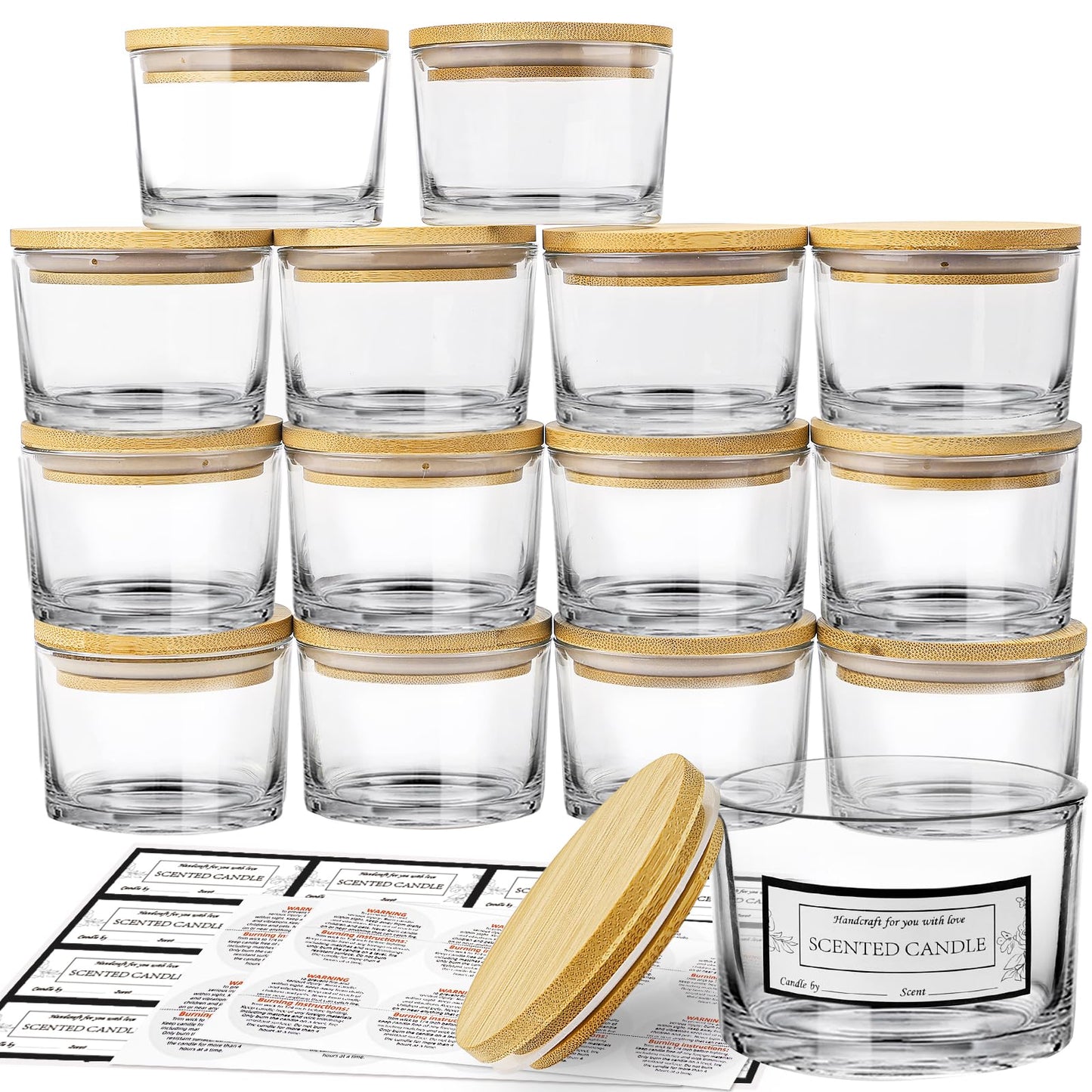 CONNOO 15 Pack 4oz Clear Glass Candle Jars with Bamboo Airtight Lids for Candle Making, Large Mouth Empty Small Jars with Labels
