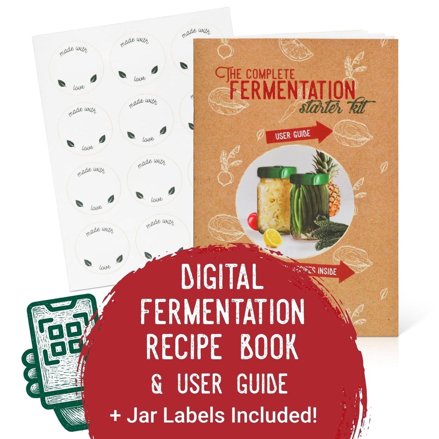 Fermentation Kit for Beginners – 2 x 1L Fermenting Jars with All-in-One Airlock Lids, Glass Weights & Hand Pump, Easy Home Starter Set for Sauerkraut, Kimchi & Probiotic Foods - Recipes & Guide