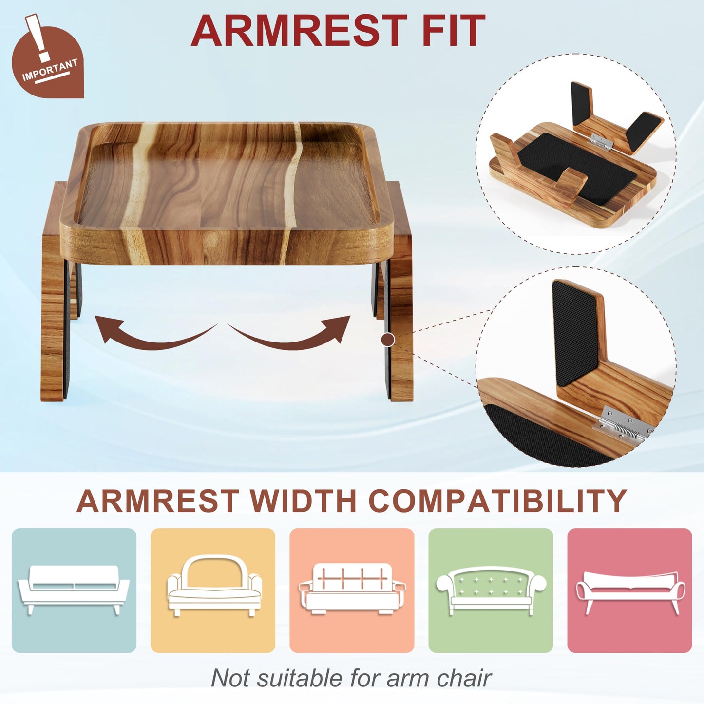 ZUJJAFY Couch Armrest Table, Acacia Wood Couch Arm Tray, Clip-On Sofa Arm Tray Table for Drink Eating Snacks Remote and Control
