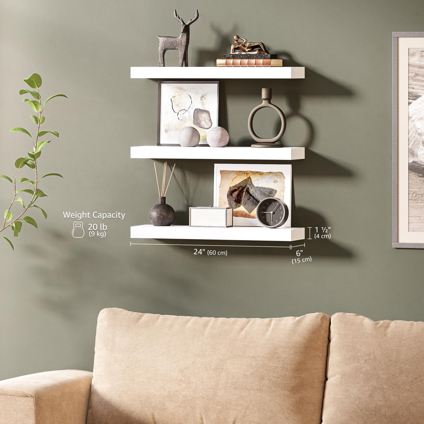 Ballucci Floating Shelves for Wall, 24" Wood Wall Shelf Set of 3, Invisible Brackets Floating Shelf for Wall Decor Living Room, Bathroom, Bedroom, Kitchen, 6" Depth, White