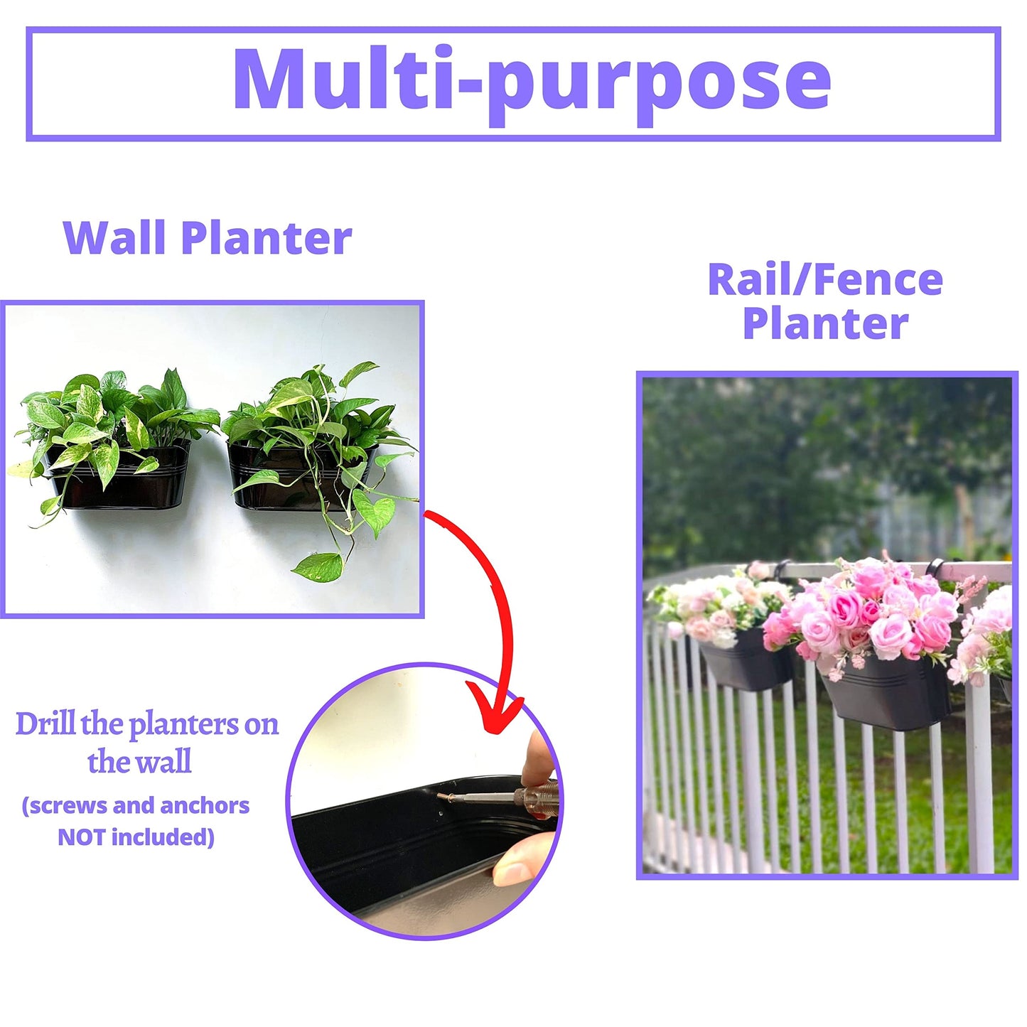 LaLaGreen Rail Planter Outdoor Plants(11.8 Inch, 15 Pack) Black Metal Iron Hanging Flower Pots Deck Railings Fence Buckets Modern Countryside Boho Style Wall Mount Window Box Plant Holder Porch Decor
