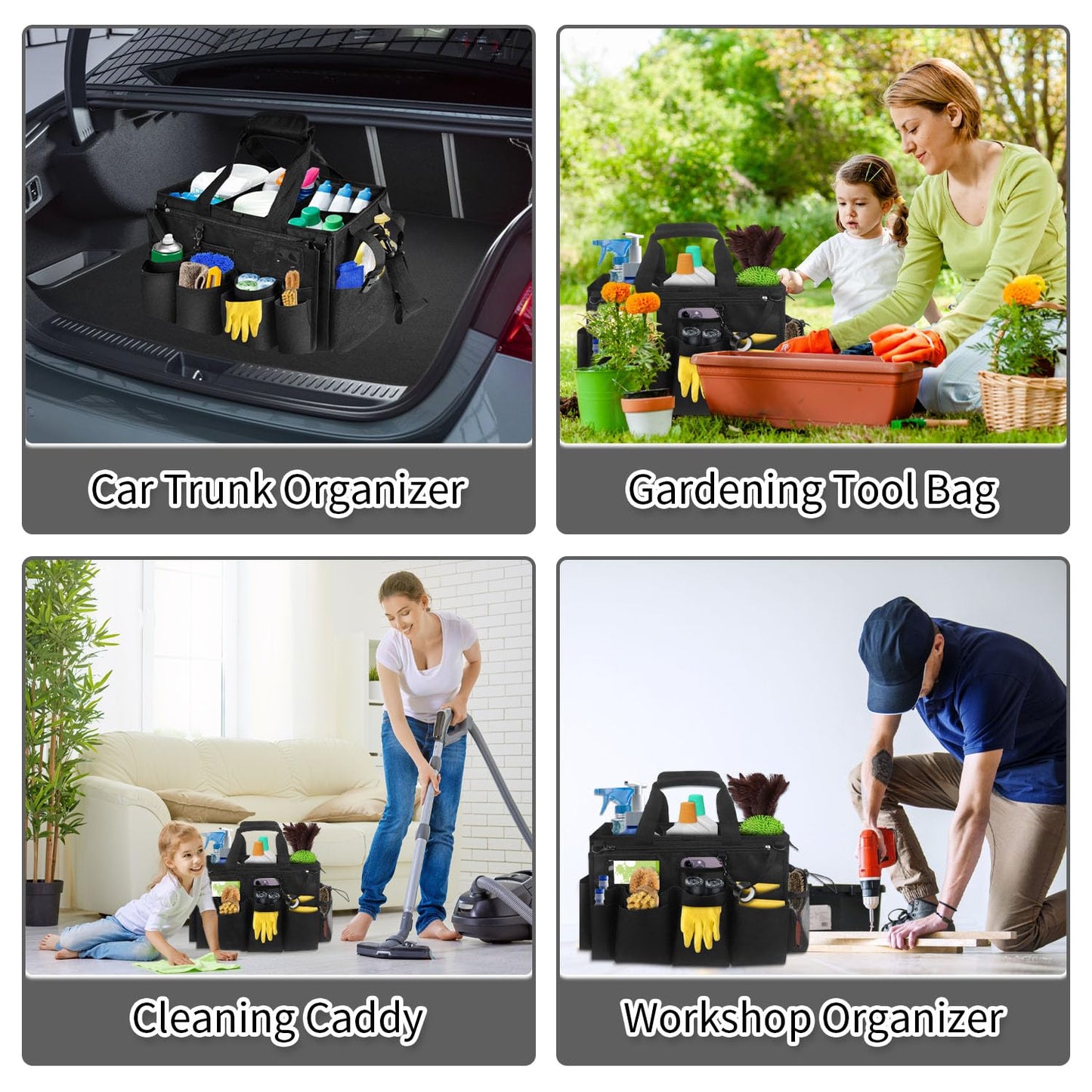 Boczif Cleaning Caddy Bag Wearable, Supplies Organizer with Handle, Shoulder Straps & Detachable Divide, Tool Organizers Tote for Cleaners & Housekeepers (Black)