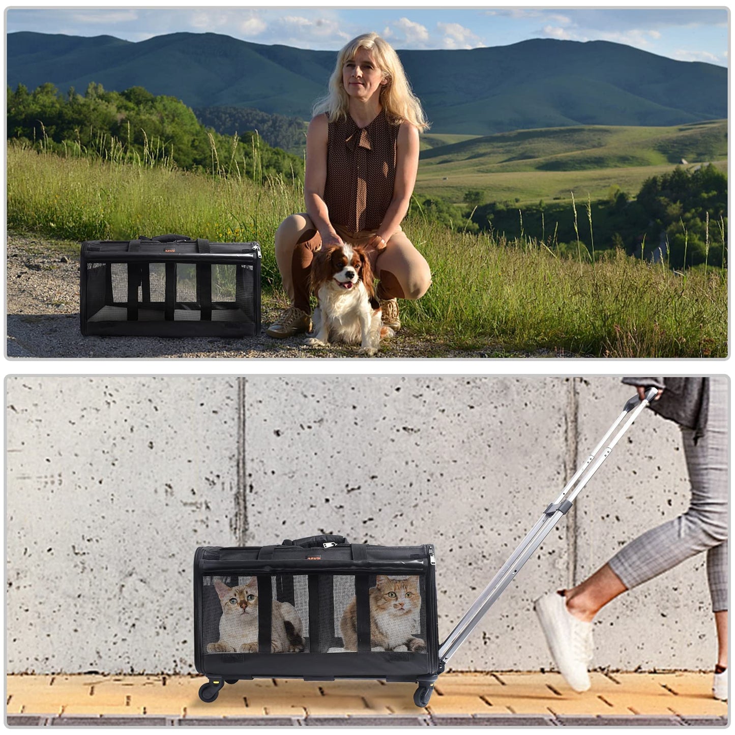 GJEASE Double-Compartment Pet Rolling Carrier with Wheels,Cat Carrier for 2 Cats,Super Ventilated Design,Ideal for Traveling/Hiking/Camping
