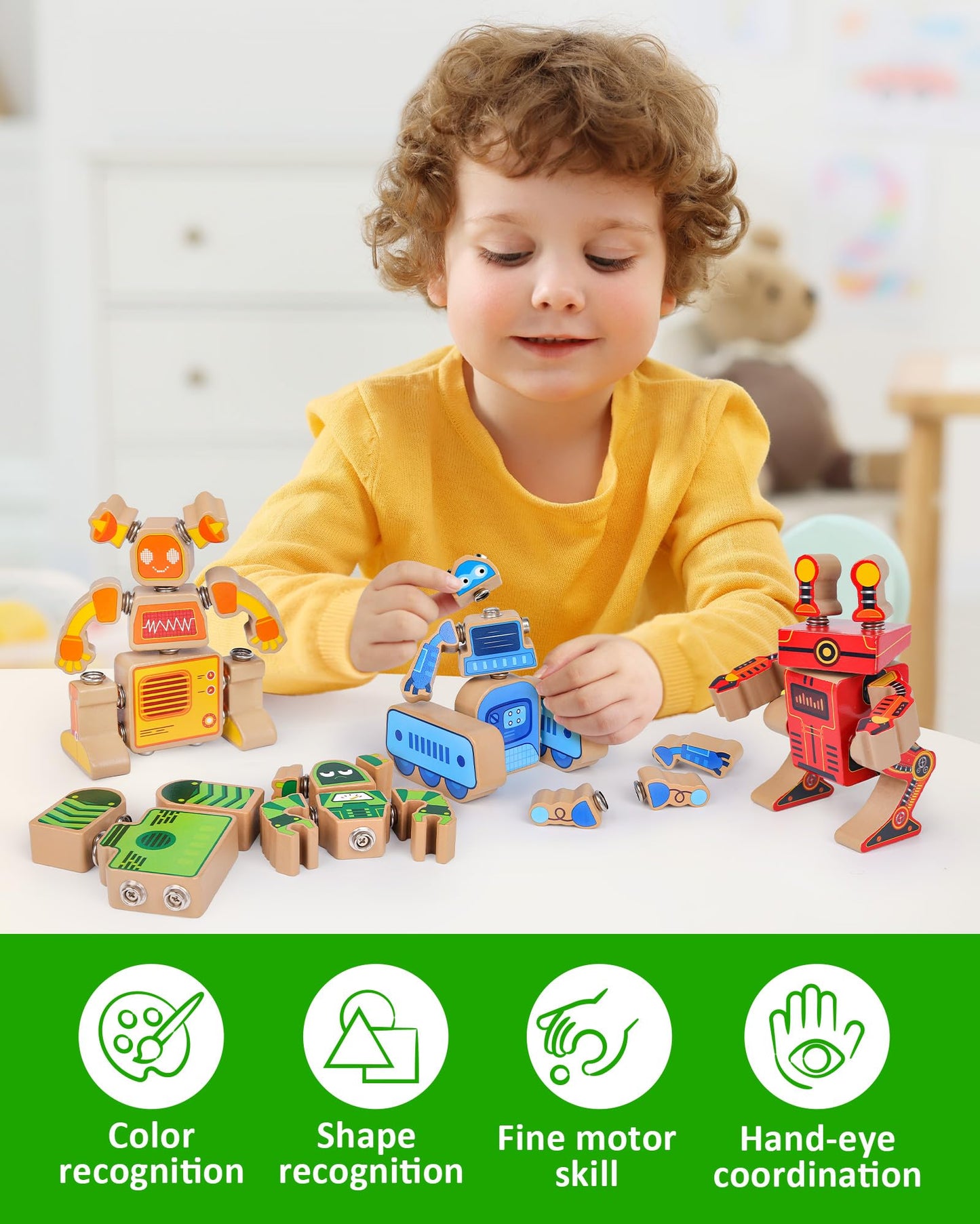 Coogam Wooden Robot Building Block Set, Snap Together Robot Builders, STEM Take Apart Robot Playset, Fine Motor Skill Educational Learning Toy Gift for 3 4 5 Years Old Kids