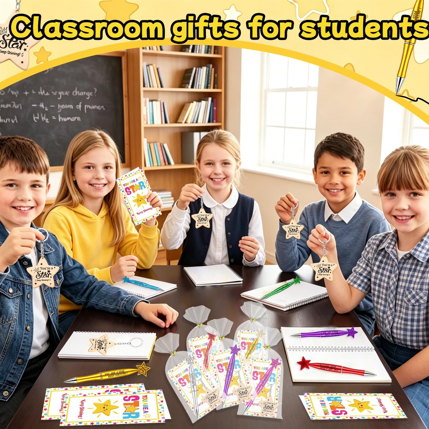 Natonhi 32 Sets End of Year Student Gifts from Teacher Bulk with Star Keychain Cute Pens Gift Card for Students from Teacher for Classroom Party Favors Home Office learners Graduation Party Supplies