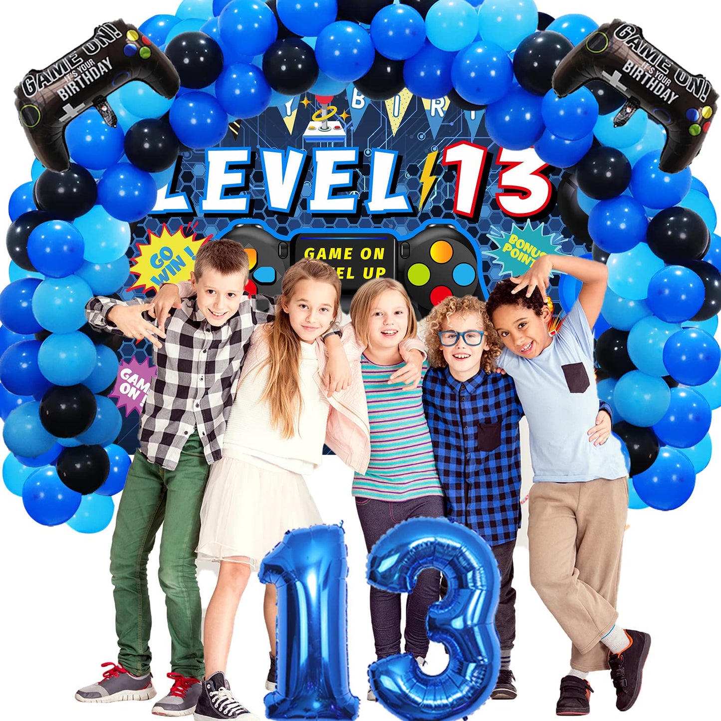 Vlipoeasn 90PCS 13th Birthday Video Game Party Decorations for Boys Set Blue 13th Birthday Supplies-13th Video Game Backdrop, Balloons, Tablecloth, Gamer and 13 Foil Balloons for 13 Years Old