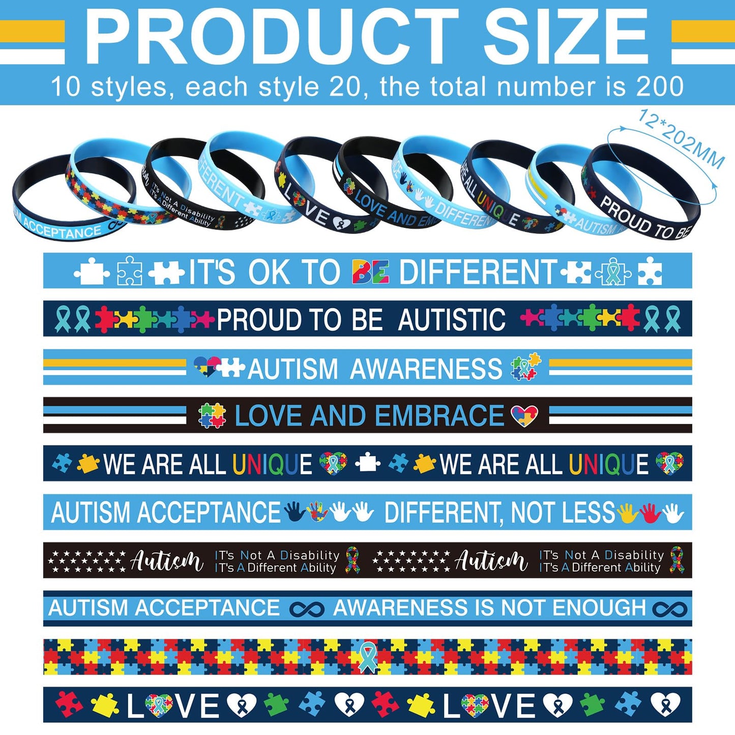 Syhood 200 Pcs Autism Awareness Bracelet Inspirational Autism Silicone Bracelets Colorful Puzzle Pieces Silicone Wristbands for Adult Gifts