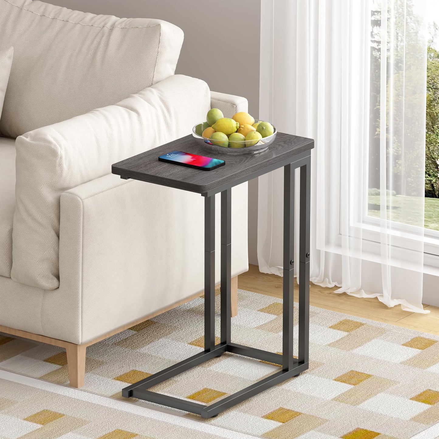 Yusong C Shaped End Table, Couch Side Table that Slide Under Sofa Bed, Small Table for Small Spaces, Skinny Overbed Table, Coffee Drink Snack Table for Living Room, Grey