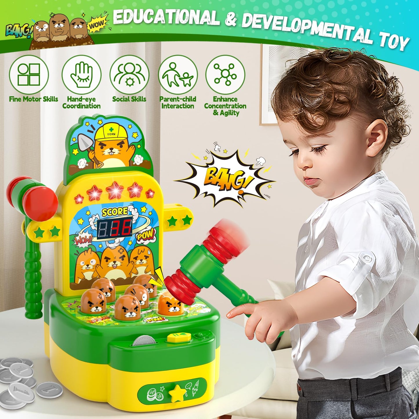 Arcade Game Toys for 3 Year Old, Electronic Mini Interactive Pounding Hammering Toys, Whack Game Mole, Gift Idea for Toddler Kids Girls Boys Ages 3 4 5 6 7 8+, Marmot Toy Cartoon Fun Style (Green)