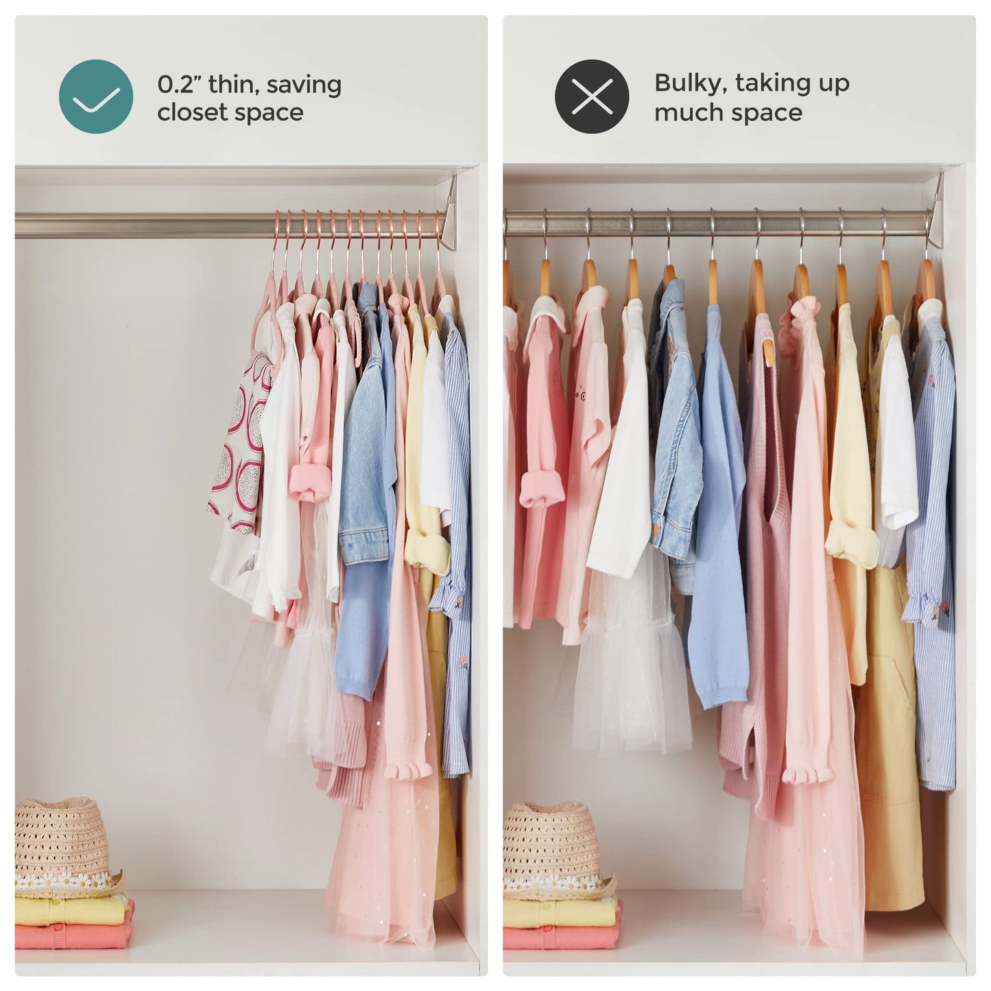 SONGMICS Baby Kids Hangers 50 Pack for Closet, 11.8 x 8.1 Inches, Rose Gold 360° Swivel Hooks, Space-Saving Clothes Velvet Hangers for Nursery, Non-Slip, Jelly Pink UCRF027P01
