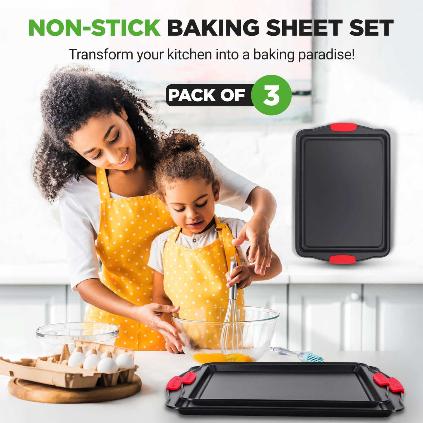 NutriChef Baking Sheet Set - 3 Piece Nonstick Cookies Sheets, Premium Quality Carbon Steel with Silicone Handles for Meal Prep, Sheet Pan Dinners, Roasting