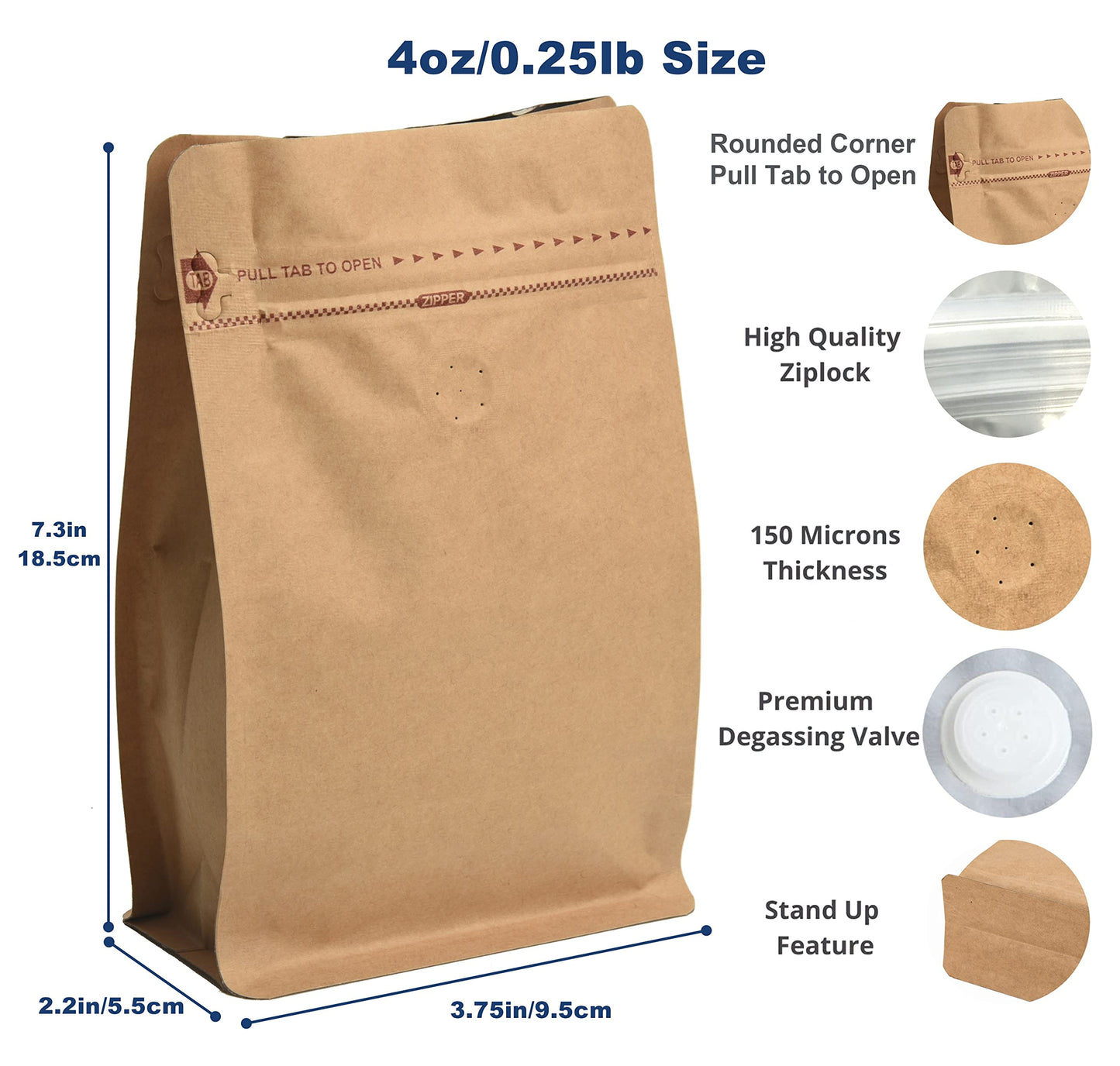 100 Count 0.25 lb Kraft Paper Coffee Bags - High Barrier Kraft & Foil Liner - Flat Bottom Coffee Pouches with Degassing Valve, Food Storage Bags with Rsealable Zipper & Easy Open Tape (100pcs,