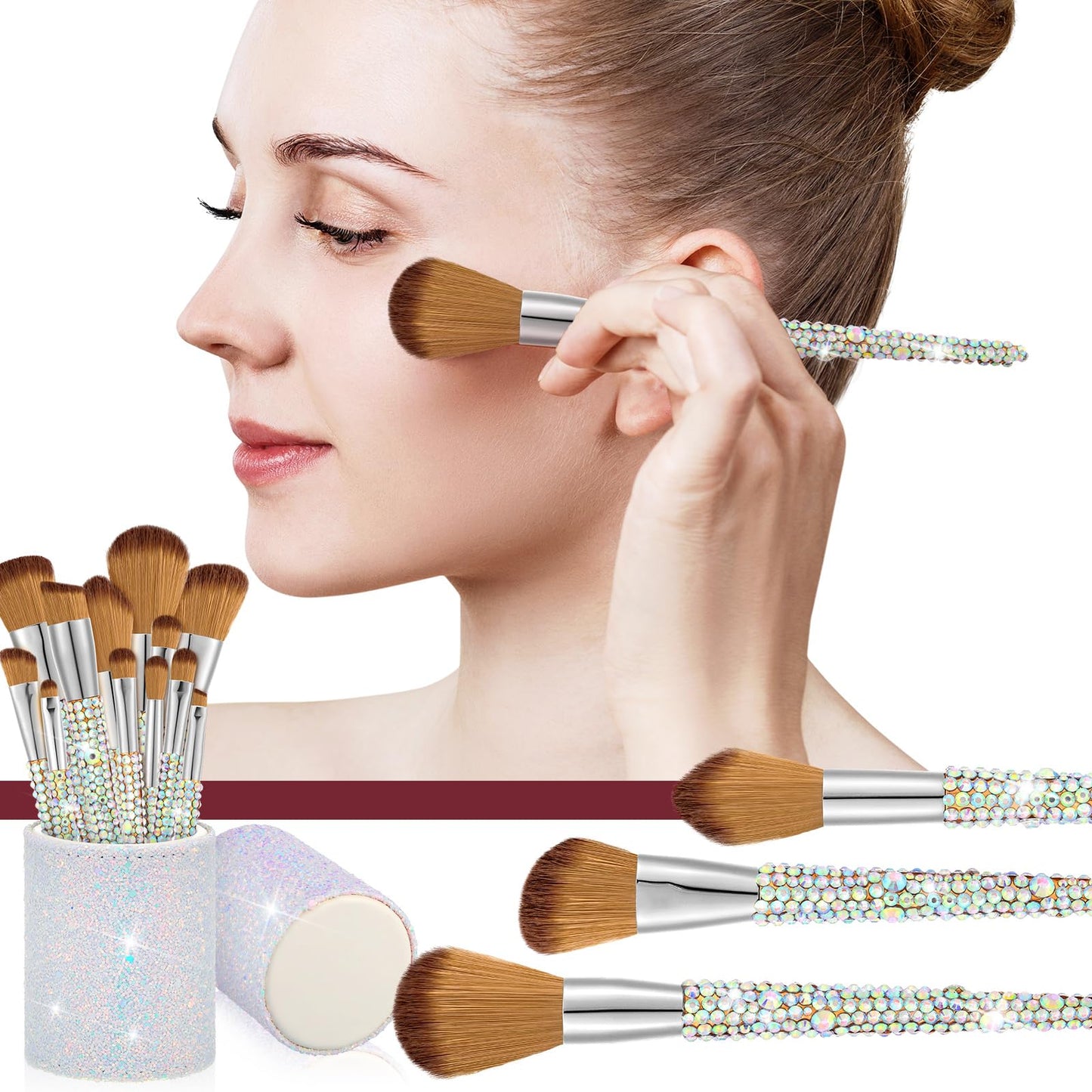 13 Pieces Rhinestone Makeup Brushes Set Bling Crystal Professional Face Cosmetics Blending Liquid Foundation Powder Concealer Eye Shadows Make up Beauty Tool Glitter with Holder (Silver, Yellow)