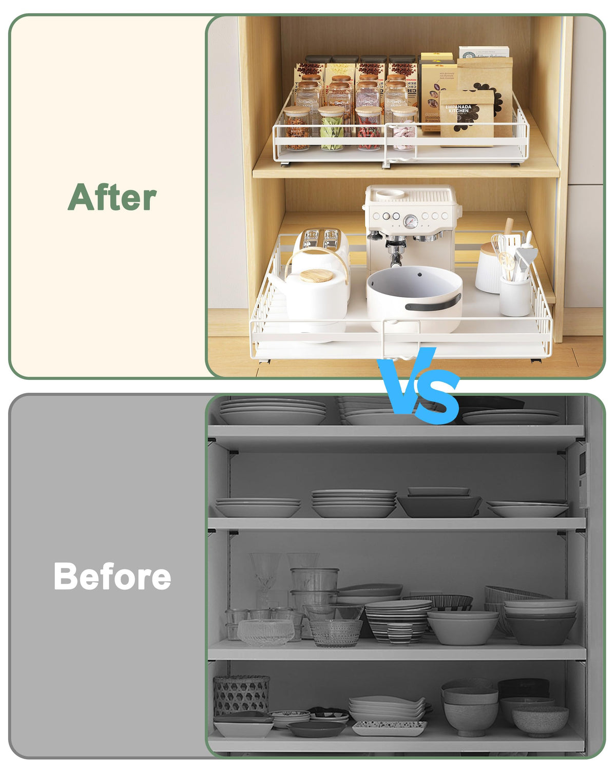 UMDONX 2 Pack Expandable Pull Out Cabinet Organizer Drawers Kitchen Cupboard Storage, No Drill Sliding Rack Adhesive Pantry Shelf (Durable Metal White Load 65LBS)