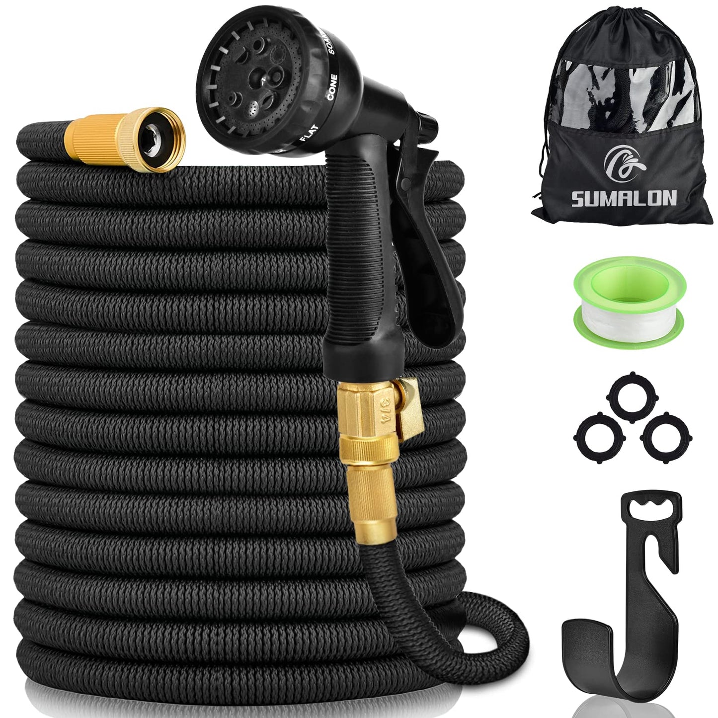 Garden Hose 100ft, Lightweight Kink Free Expandable Water Hose with 8 Function Spray Nozzle and Solid Brass Fittings, 3-Layer Latex Core Retractable Hose