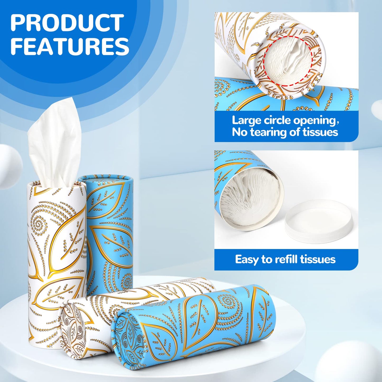Carstuus Car Tissue Holder with Facial Tissues Bulk - 4 PK Car Tissues Cylinder, 9 Packs Car Tissue Refill, Travel Tissues for Car Cup Holder, Refill Car Tissue Box Round Container