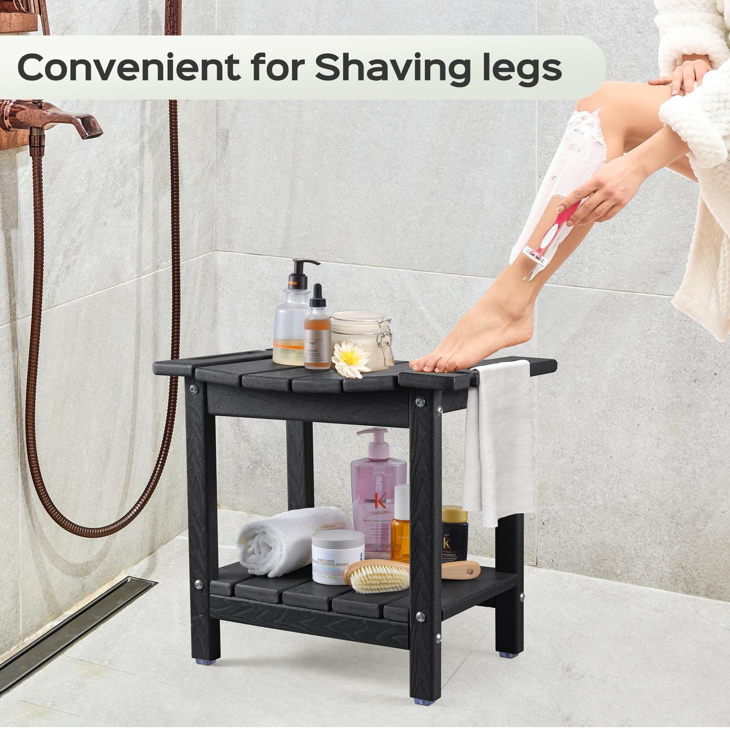 LyriFine Shower Bench, 18.5 Inch HDPE Waterproof Shower Stool for Inside of Shower, Bathroom Shower Chair with Shower Head Holder, 350LBS Sturdy Shower Stool for Elderly Seniors Shaving Legs, Black