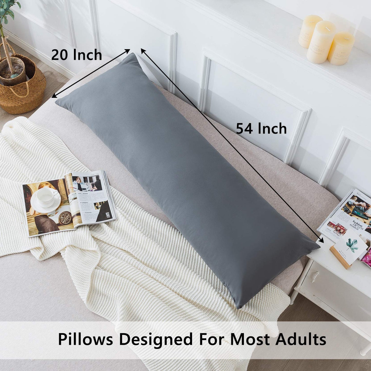 ELNIDO QUEEN Body Pillow with Pillowcase-Soft Long Bed Pillow for Adults-Breathable Full Body Pillow Insert for Sleeping,20x54inches-Grey