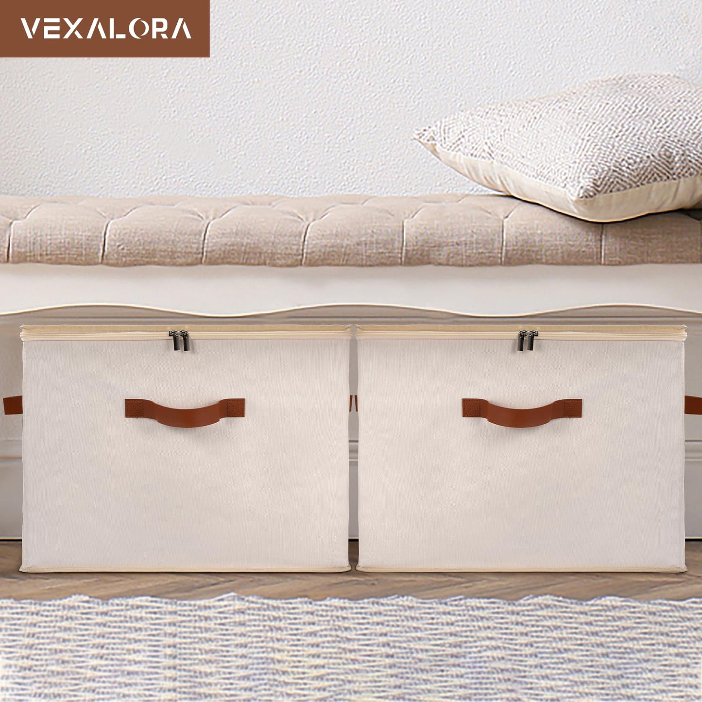 Vexalora Shoe Organizer for Closet, 2 Pack Shoe Storage Bins with Clear Cover, Adjustable Dividers Fits 16-32 Pairs Shoe Boxes, Organizador de Zapatos, Beige