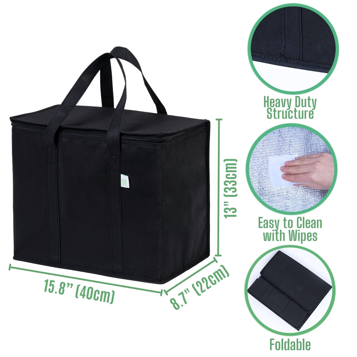 VENO 2 Pack Insulated Reusable Grocery Bag, Food Delivery Bag, Durable, Heavy Duty, Large Size, Stands Upright, Collapsible, Sturdy Zipper, Reusable and Sustainable (Black, 2 Pack)