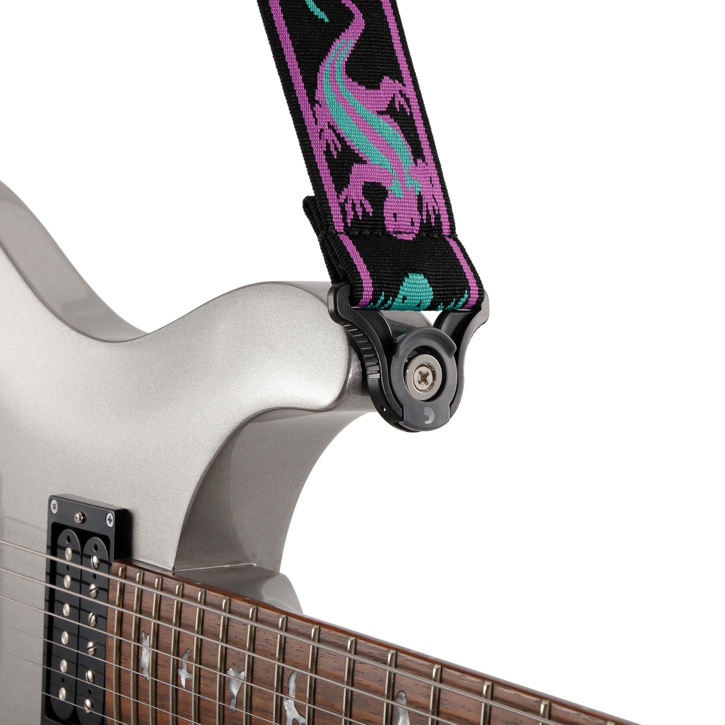 D'Addario Auto Lock Guitar Strap - Acoustic & Electric Guitar Accessories - Easy to Use Auto Locking Guitar Straps - Uses Existing Guitar Strap Buttons - Vintage Lizard, Green & Pink