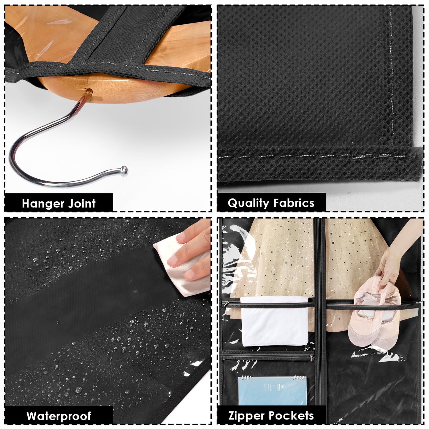 KEEGH Dance Costume Bags Garment Bag 40 Inch Hanging Clothes for Dance Competitions, with 3 Medium Clear Zipper Pockets for Dance Costumes, Closet Storage (Black) - 8 Pack