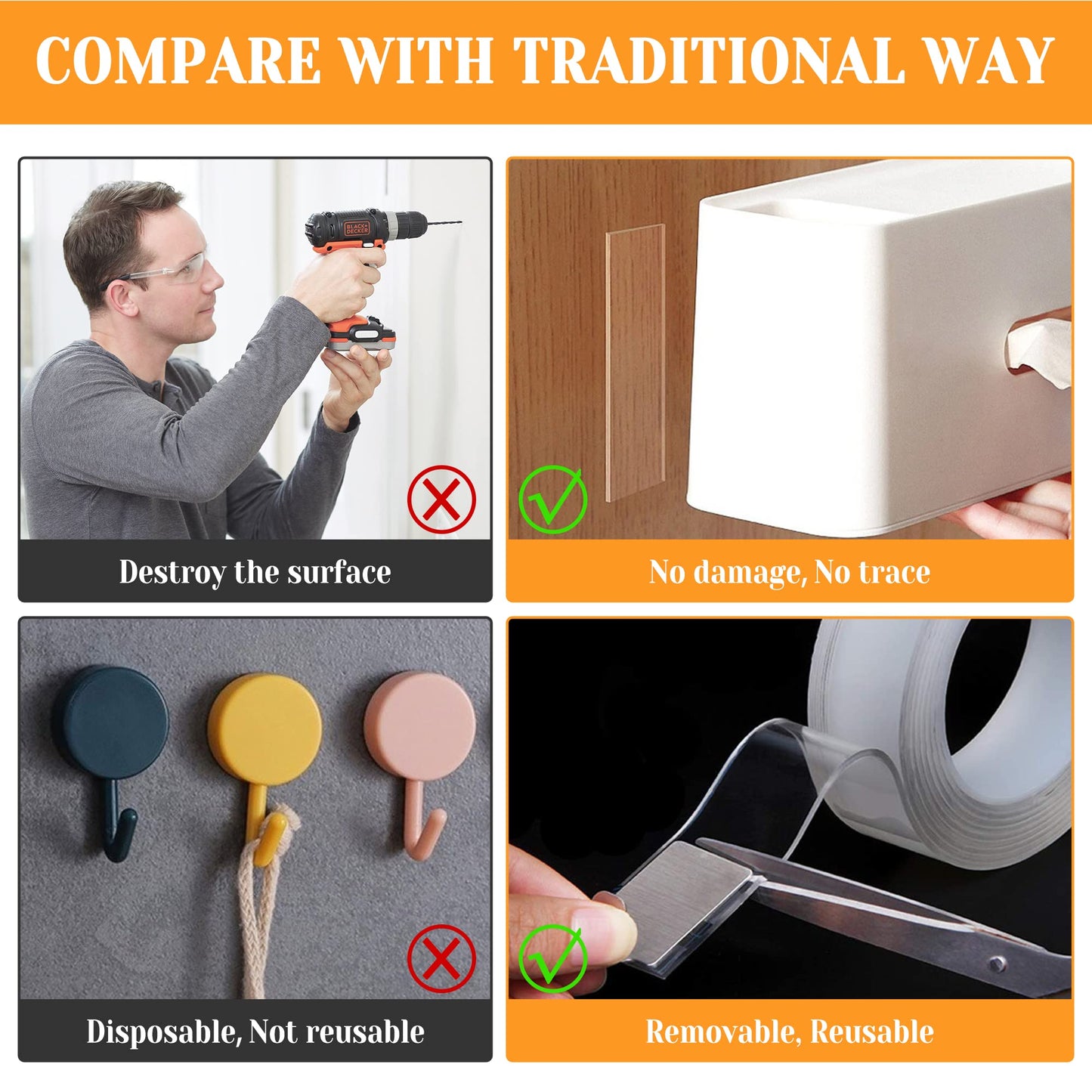 Double Sided Tape Heavy Duty, Removable and Reusable Mounting Tape, Two Sided Tape for Hanging Pictures Posters, 2 Sided Tape Traceless Washable Gel Adhesive (2Rolls(1.18inx34ft))