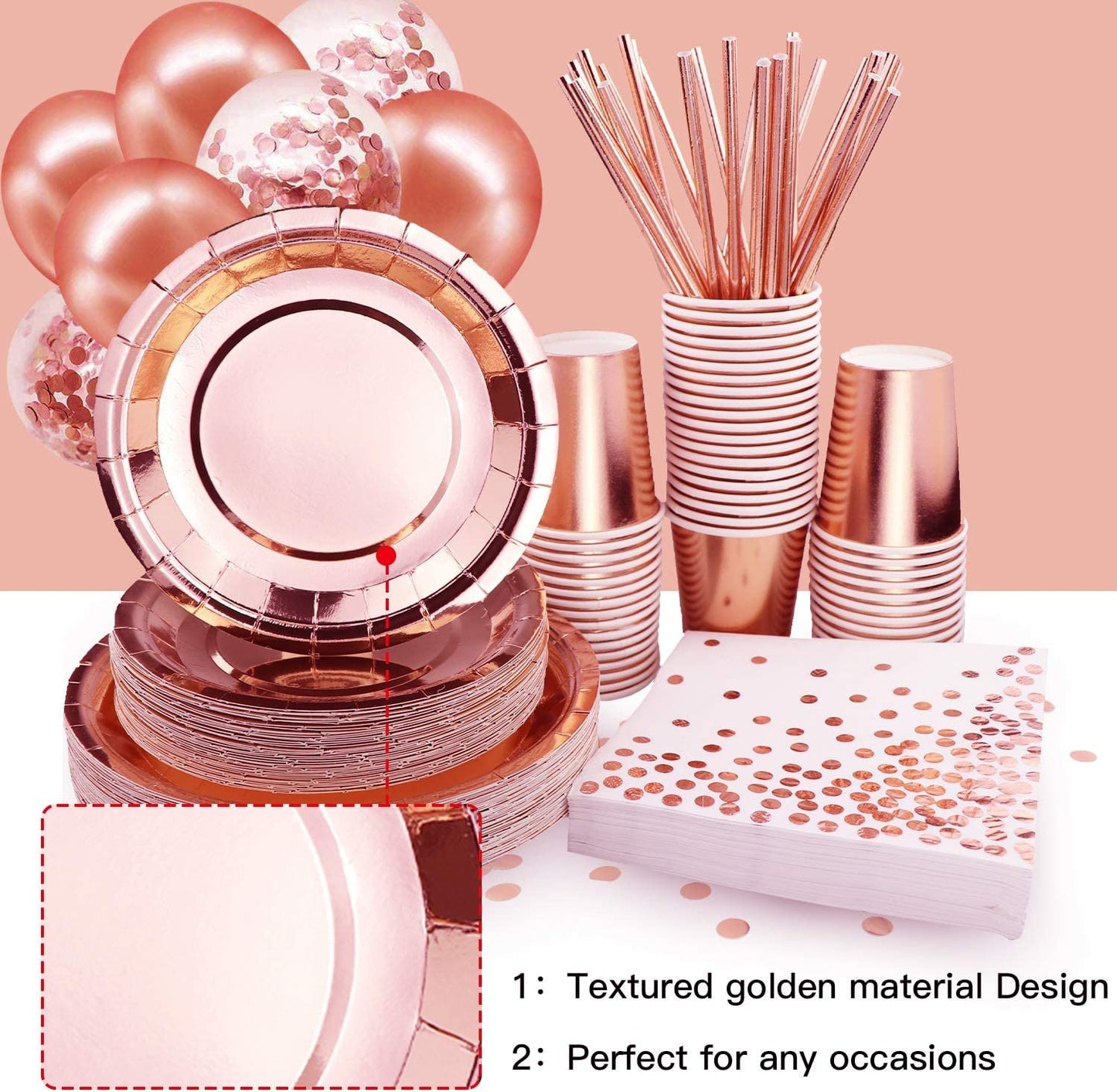 310PCS Rose Gold Party Supplies - Disposable Paper Plates Dinnerware Set Rose Gold Dots 50 Dinner Plates 50 Dessert Plates 50 Cups 50 Napkins 50 Straws 60 Balloons Birthday Party Wedding Holiday