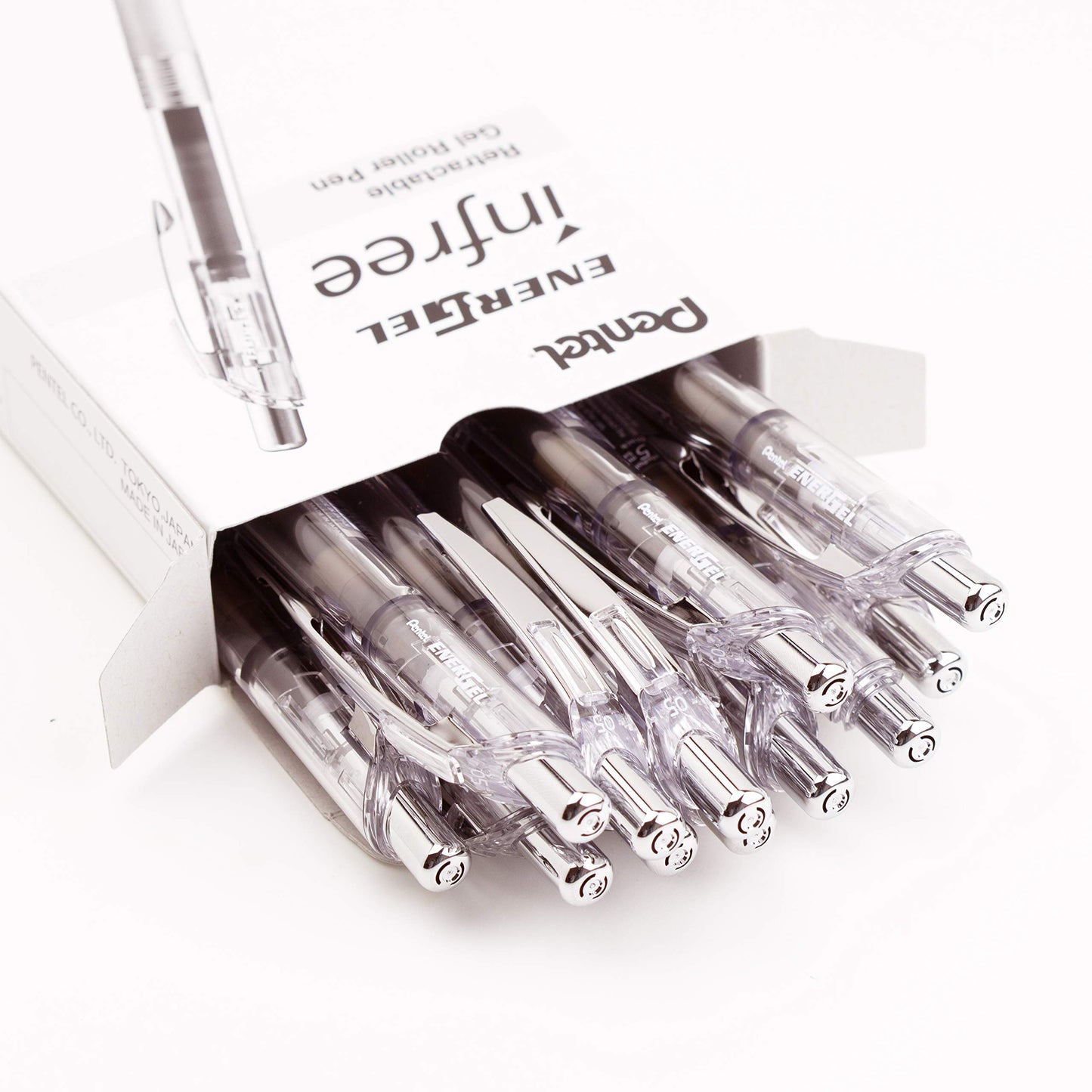 Pentel EnerGel Infree, Clear Barrel, Retractable Liquid Gel Pen, Everyday Use, Office Supplies, School Supplies, 0.5mm Fine Point, Needle Tip, Black Ink, BLN75TL-A, Box of 12