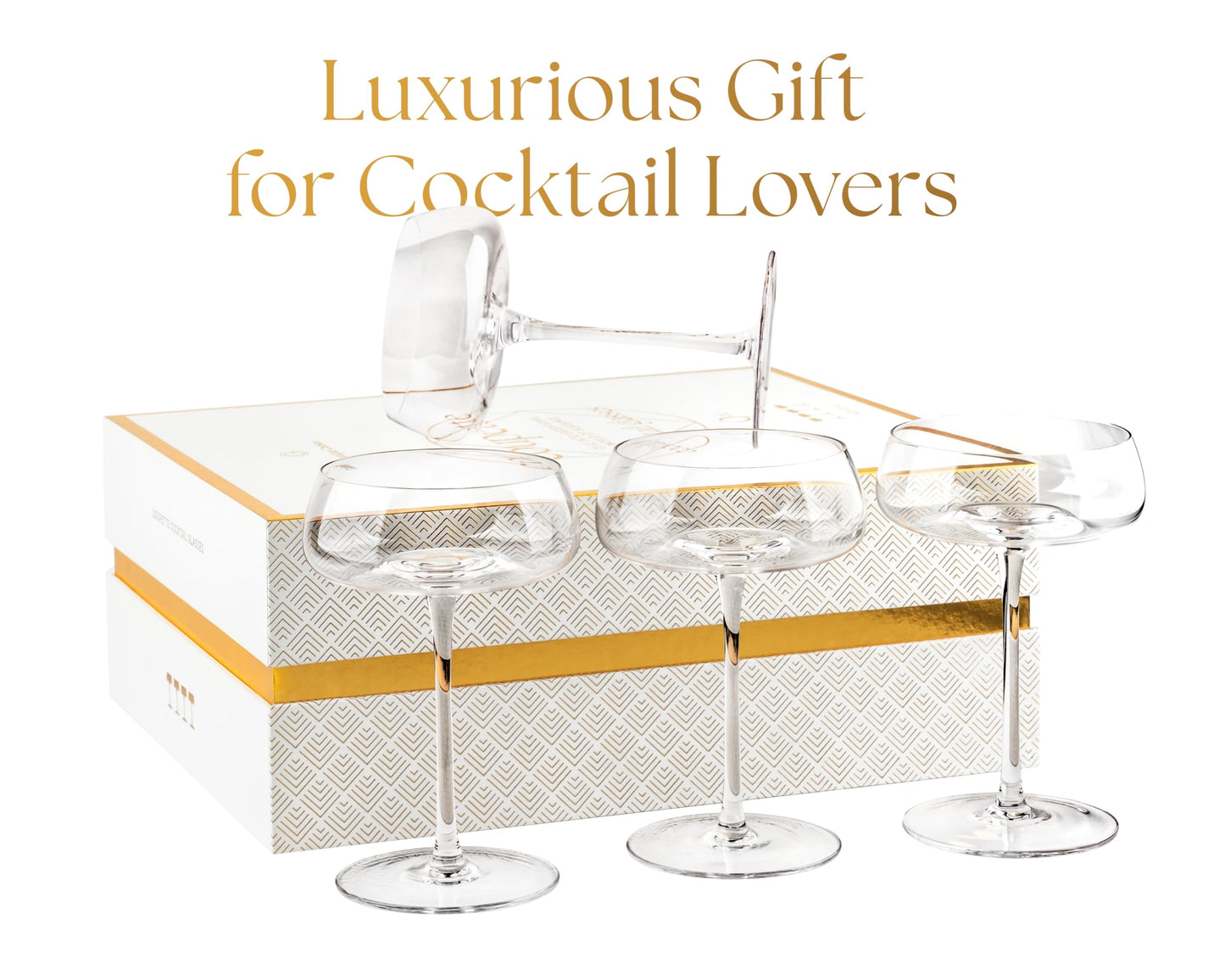 Crystal Cocktail and Champagne Coupette Glasses | Set of 4 | 9 oz Elegant Long Stemmed Coupe Glassware for Espresso Martini, Daiquiri, Cosmopolitan, Gimlet | Fancy Round Saucers