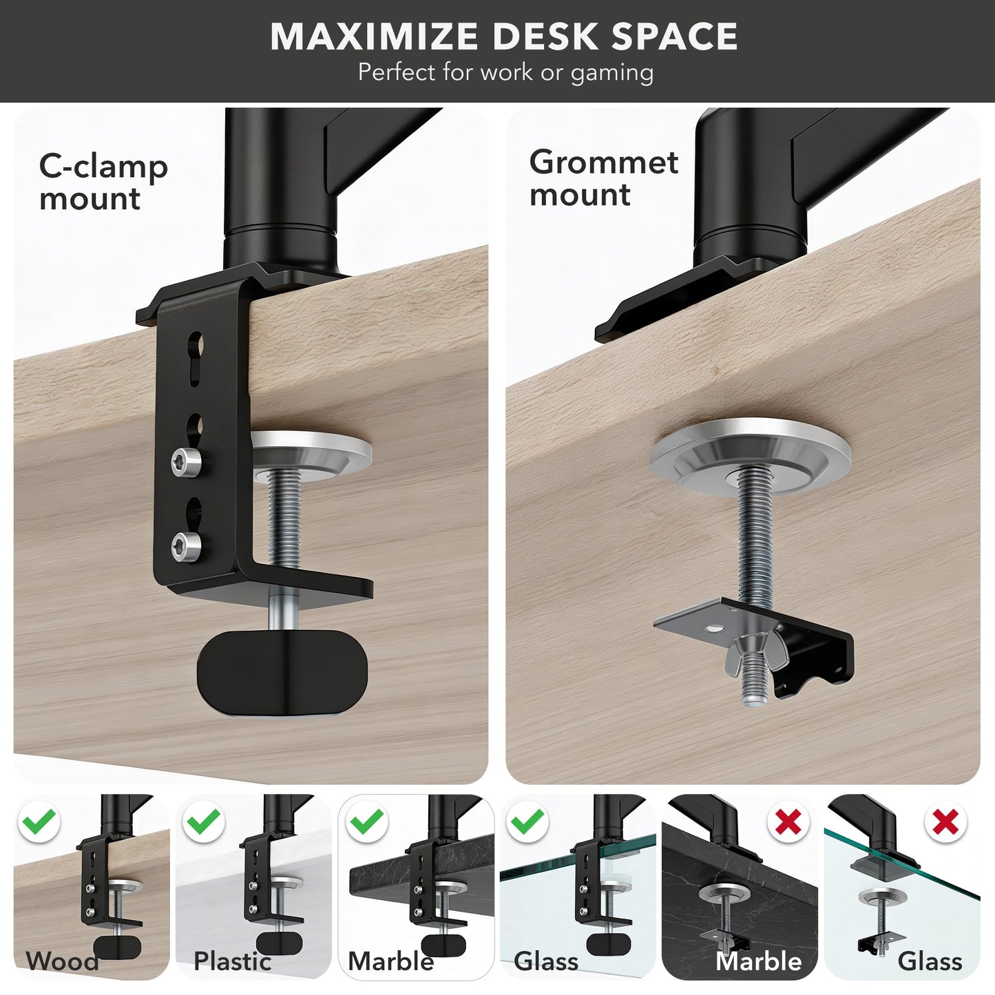 Mount-It! Monitor Arm – Single Monitor Desk Mount, Articulating Gas Spring Arm, Fully Adjustable 13"-32" Screens, VESA 75x75 100x100, Clamp & Grommet Base, Holds 17.6 lbs