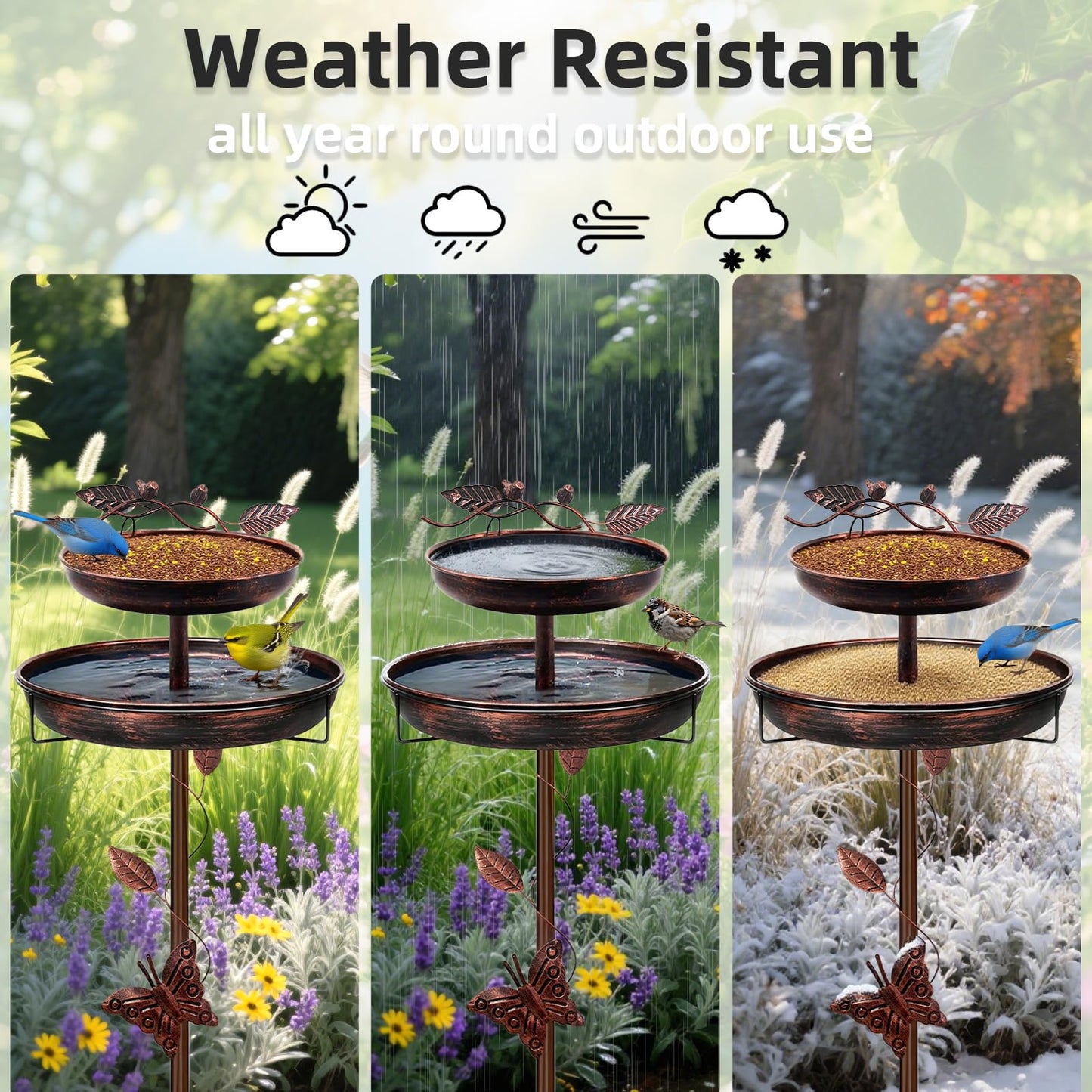 emopaw Outdoor Bird Bath with Metal Base, 41 inch Height, Freestanding Garden Decor, Large Capacity Bowl, 5-Prong Stake (41inch, 2-Tier, Butterfly)
