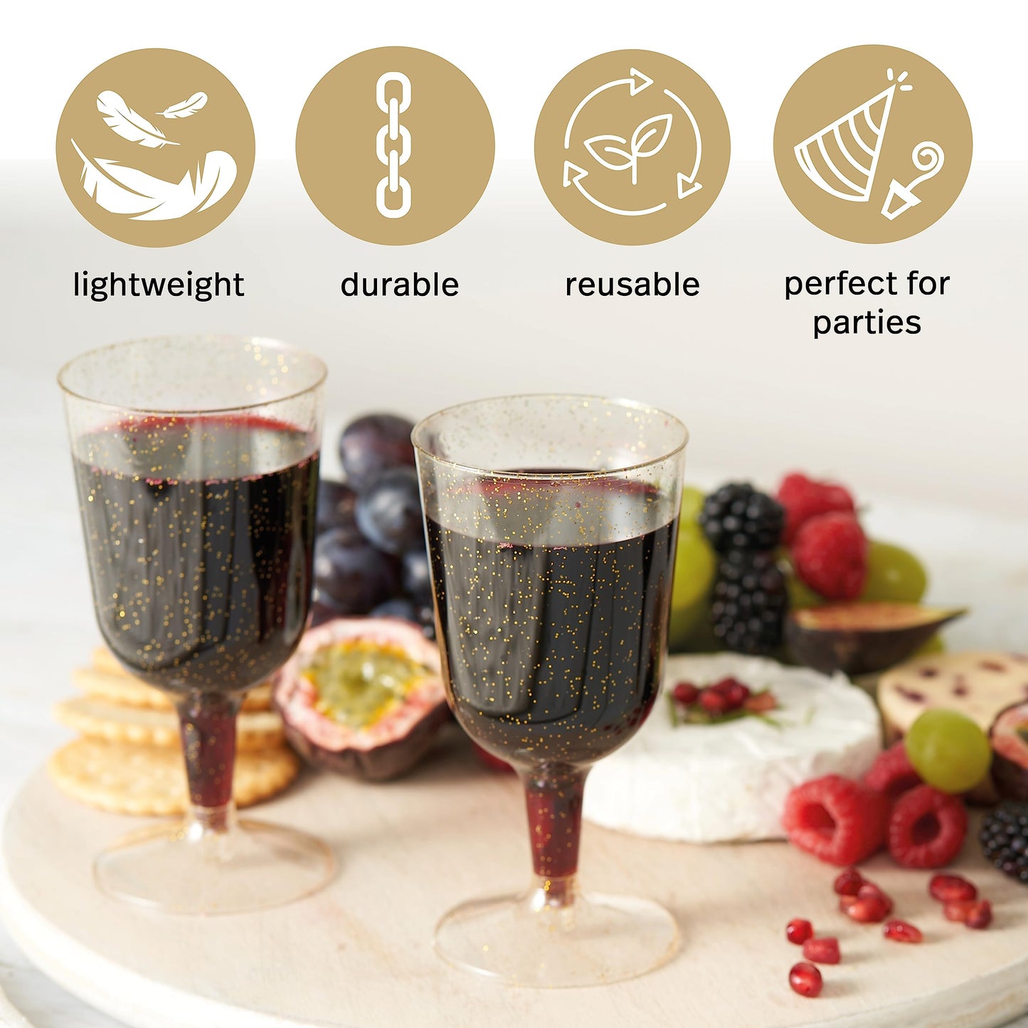 MATANA 50 Elegant Clear Hard Plastic Wine Glasses with Gold Glitter (170ml) - Sturdy & Reusable - Birthdays, Weddings, Christmas, New Year's Eve Celebrations, BBQ, Picnic, Parties