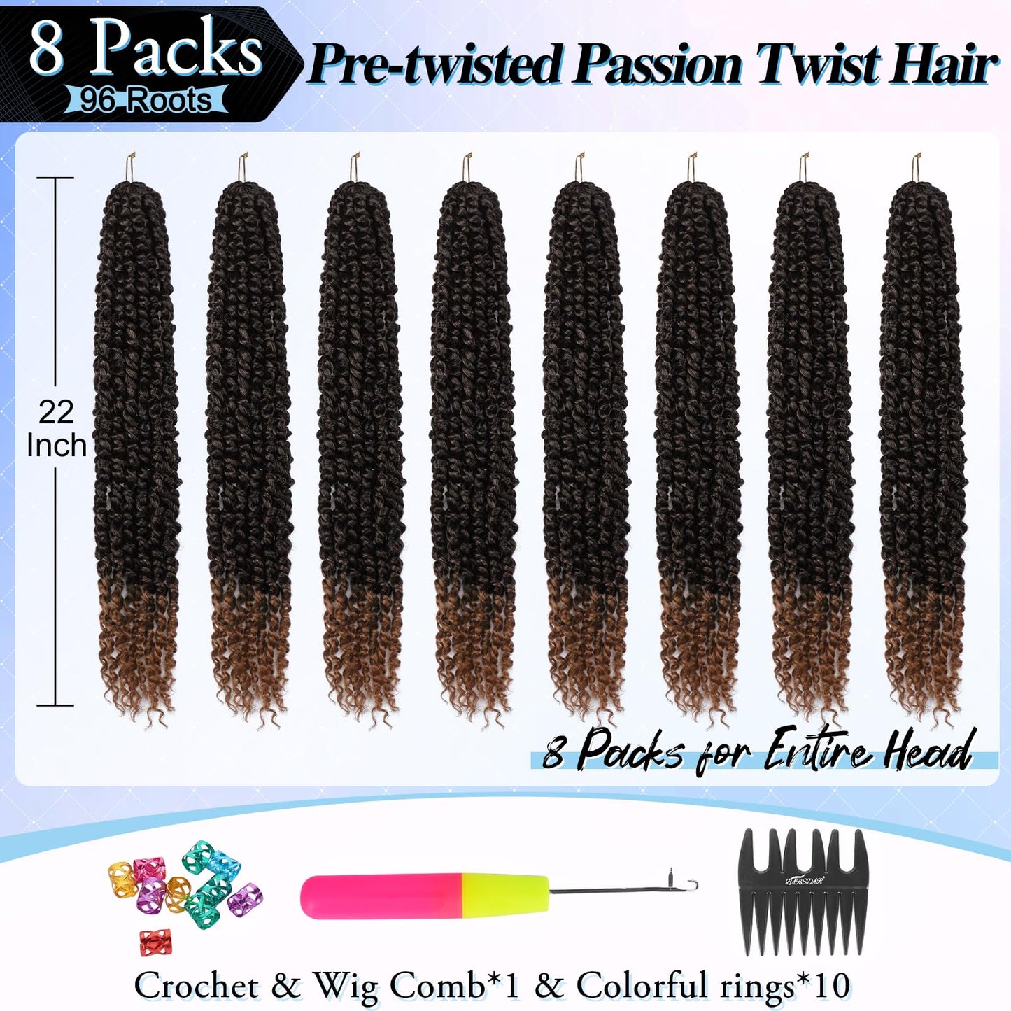 BARSDAR Passion Twist Braiding Hair - 22 Inch 8 Packs Passion Twist Crochet Hair Long Curly Bomb Twist Crochet Hair Ombre Auburn Pre-Twisted Synthetic Braiding Hair Extensions for Women T30#